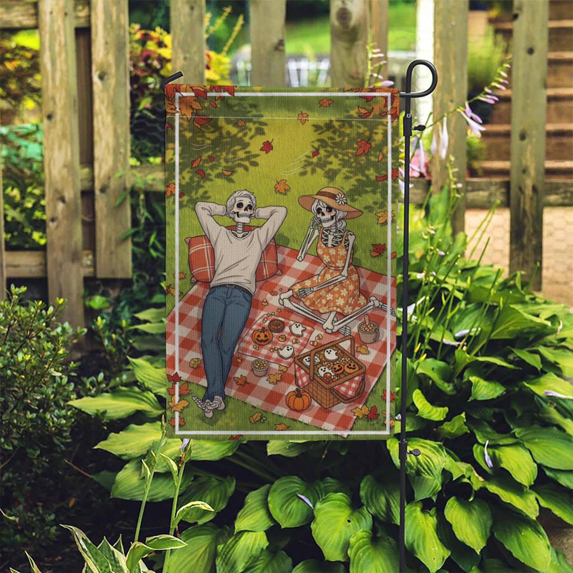 Skeleton Picnic Garden Flag – Halloween Picnic Scene with Skeleton Couple, Fall Yard Banner, Spooky Autumn Outdoor Decor