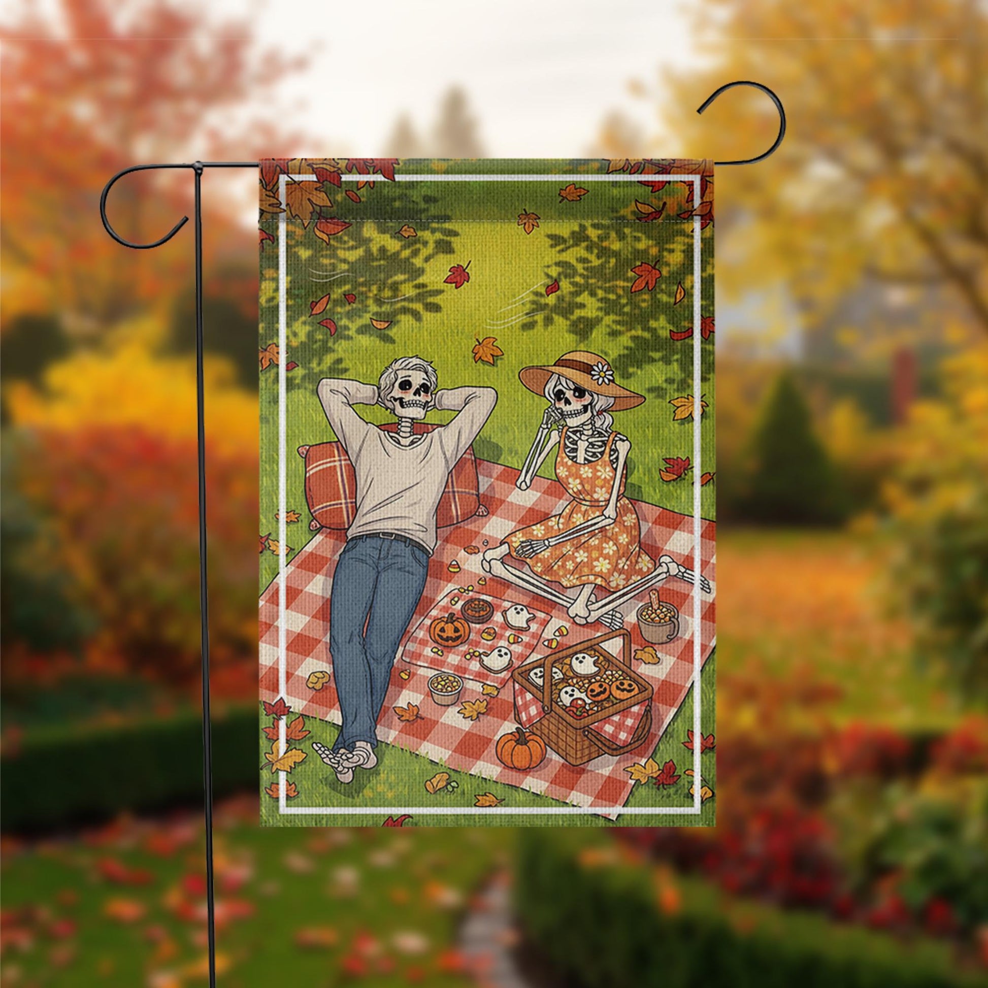 Skeleton Picnic Garden Flag – Halloween Picnic Scene with Skeleton Couple, Fall Yard Banner, Spooky Autumn Outdoor Decor