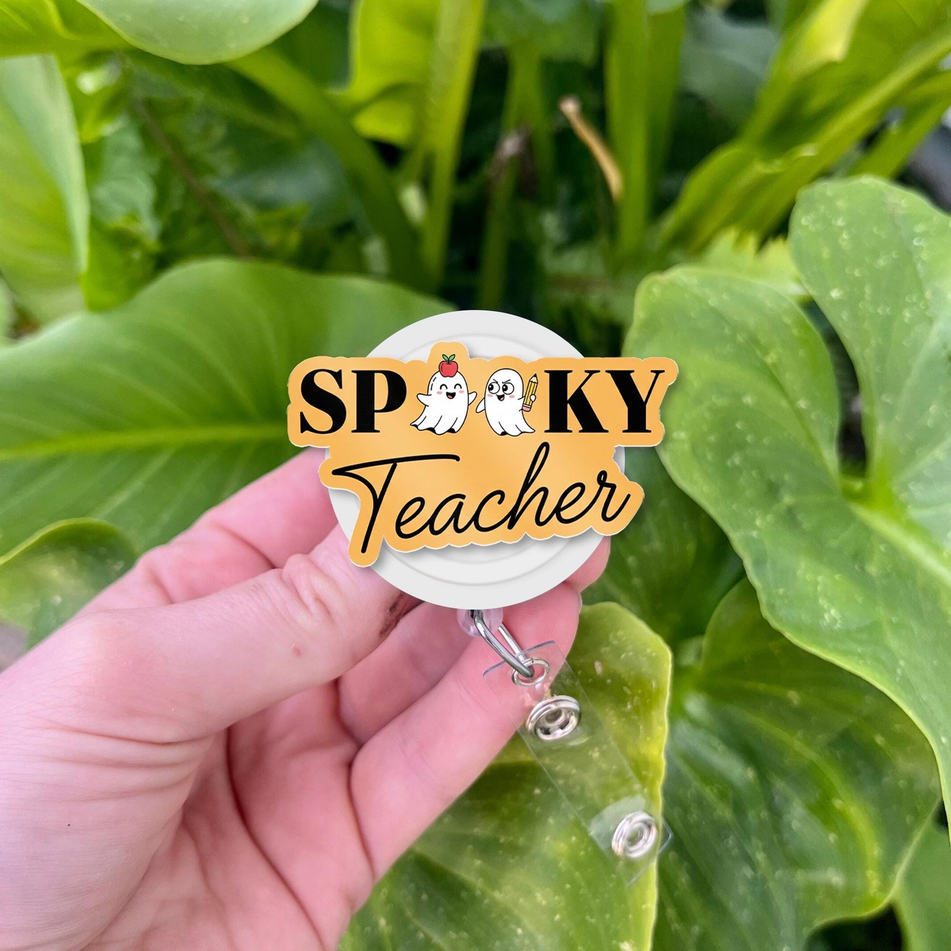 Spooky Teacher Badge Reel – Halloween Ghost ID Badge Holder for Teachers, Nurses, Educators – Cute Fall Classroom Lanyard Accessory