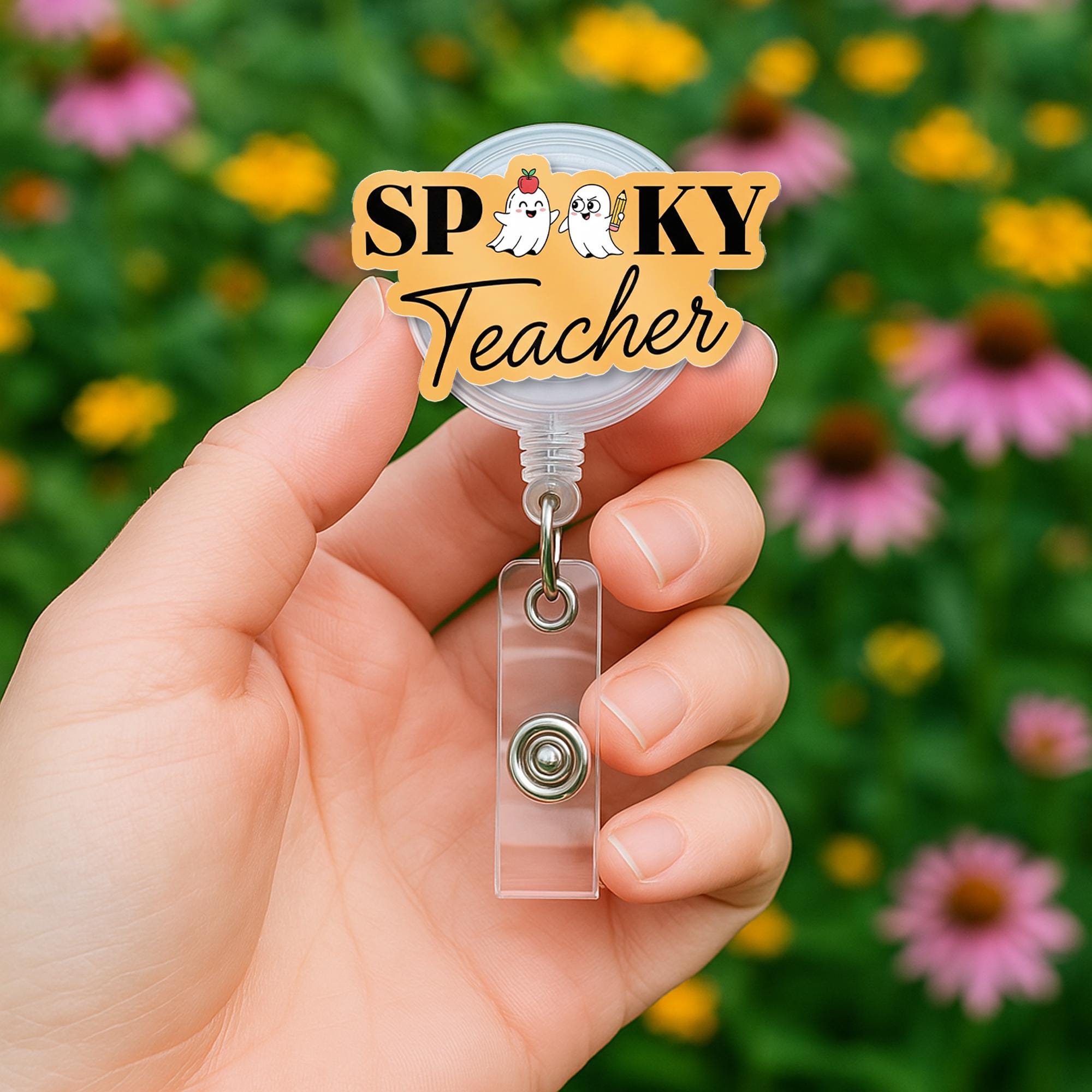 Spooky Teacher Badge Reel – Halloween Ghost ID Badge Holder for Teachers, Nurses, Educators – Cute Fall Classroom Lanyard Accessory