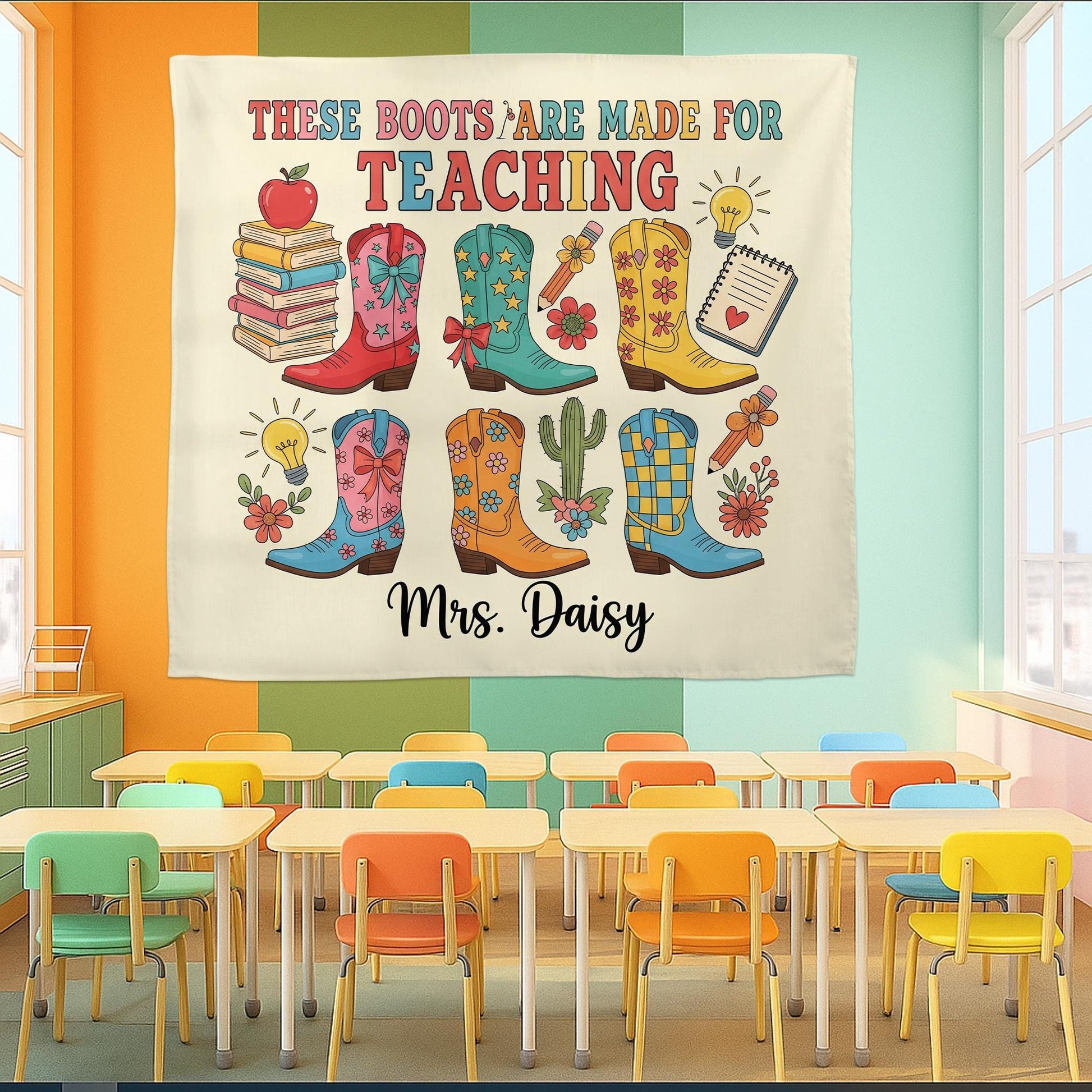Personalized Teacher Wall Decor, These Boots Are Made for Teaching Sign, Western Classroom Poster, Custom Cowgirl Gift