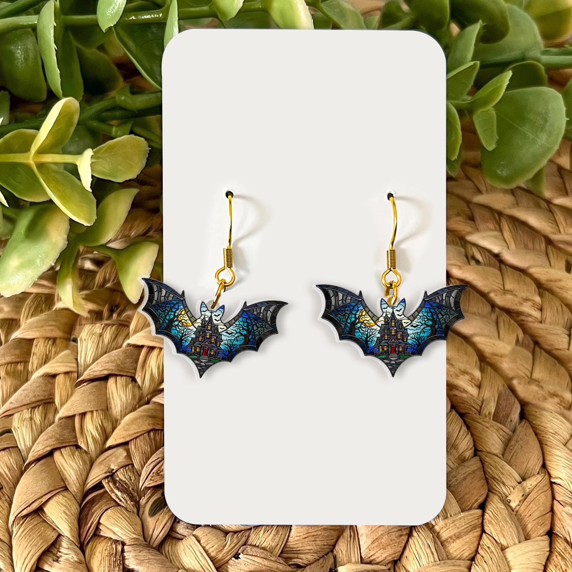 Gothic Bat Haunted House Earrings – Halloween Spooky Jewelry, Stained Glass Bat Earrings, Witchy Gift for Her, Horror Cute Accessories