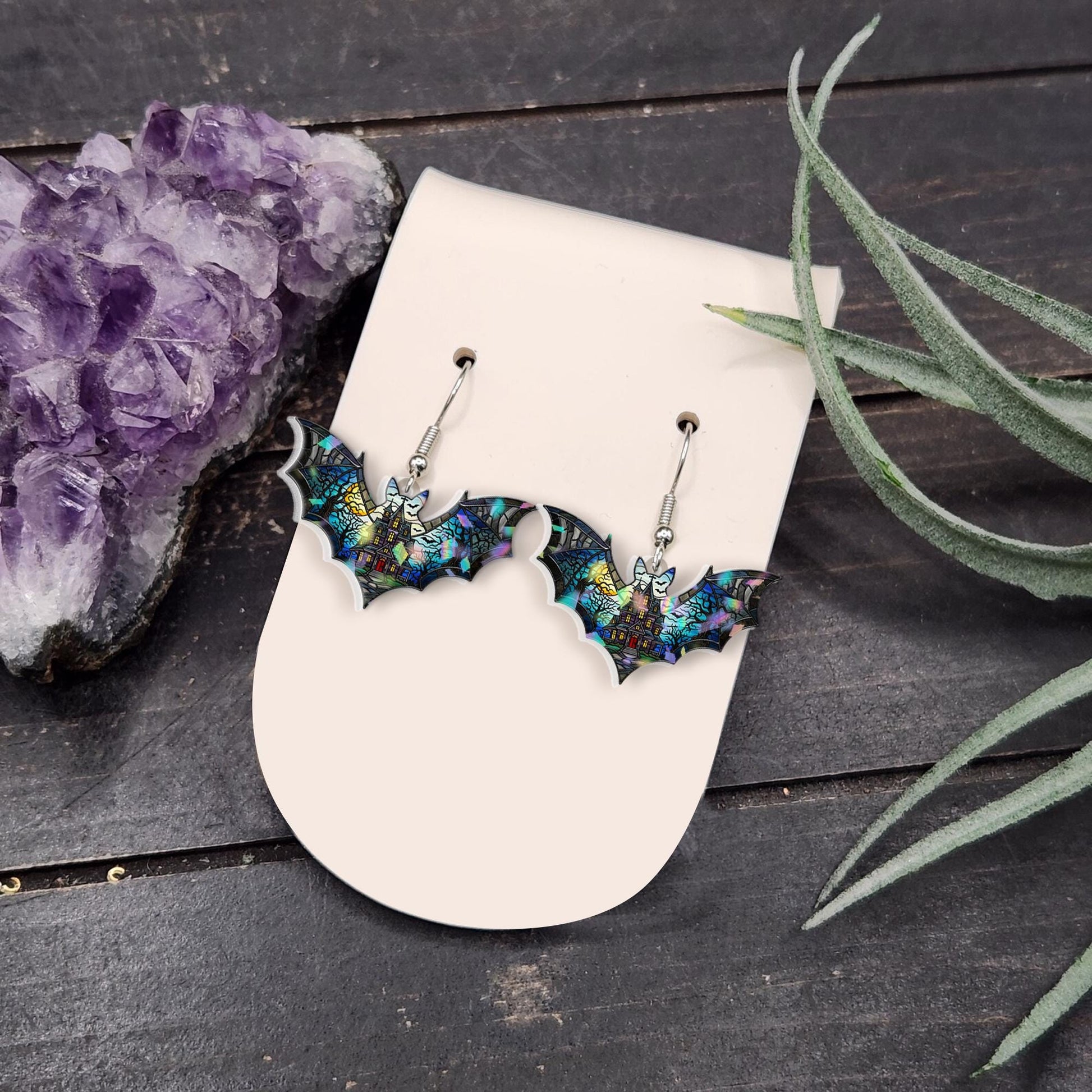 Gothic Bat Haunted House Earrings – Halloween Spooky Jewelry, Stained Glass Bat Earrings, Witchy Gift for Her, Horror Cute Accessories