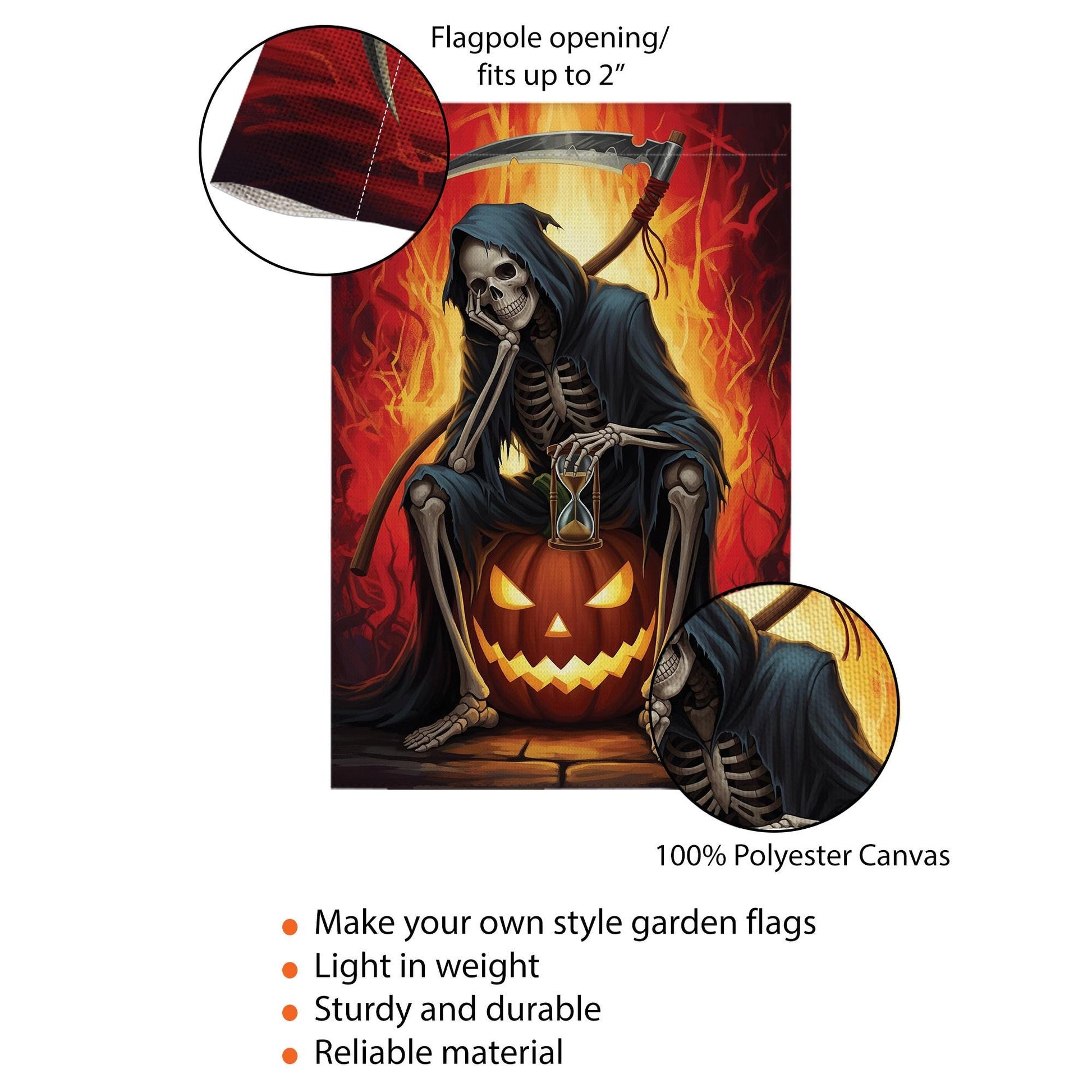 Grim Reaper Halloween Garden Flag, Spooky Skeleton Pumpkin Hourglass Fall Decor