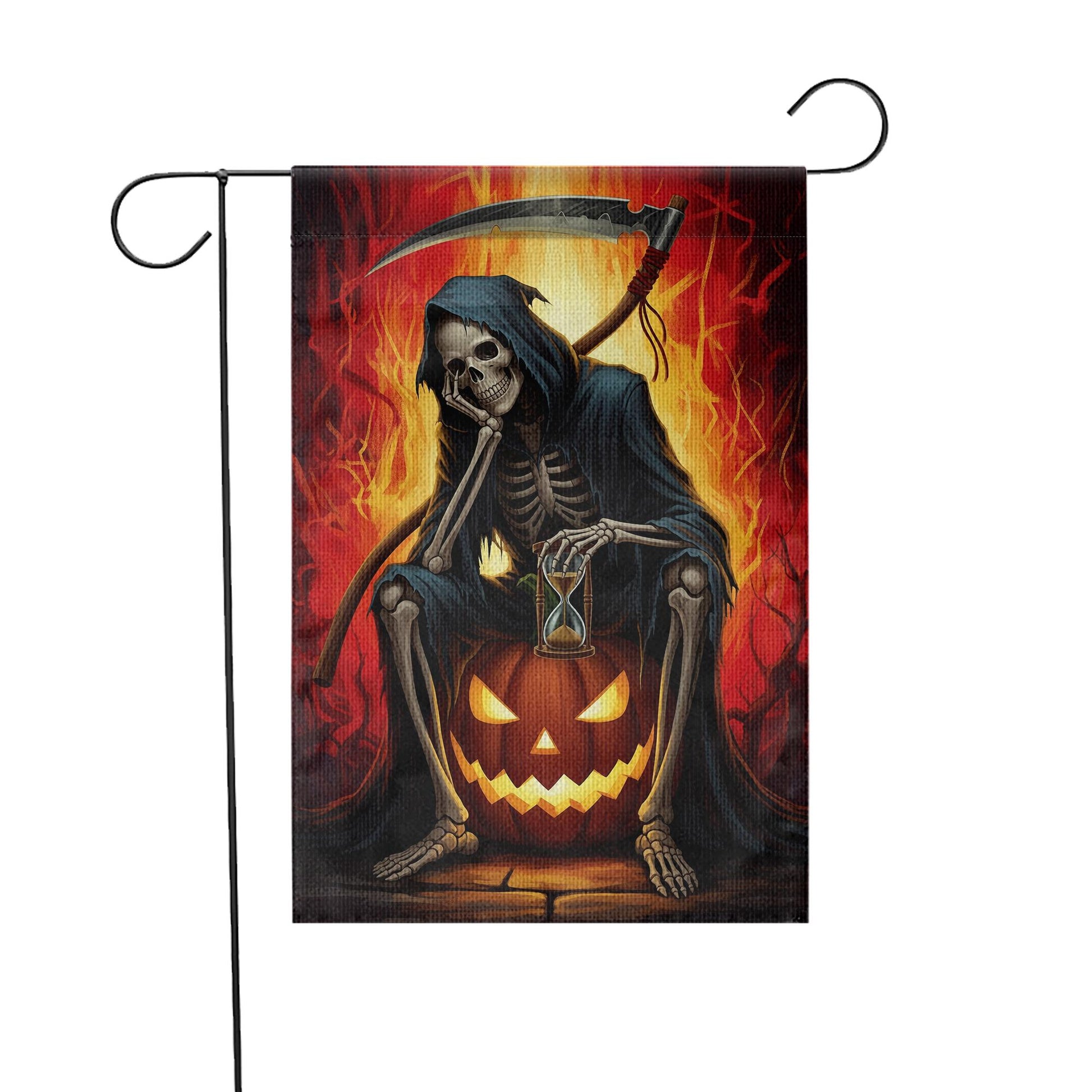 Grim Reaper Halloween Garden Flag, Spooky Skeleton Pumpkin Hourglass Fall Decor
