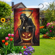 Grim Reaper Halloween Garden Flag, Spooky Skeleton Pumpkin Hourglass Fall Decor