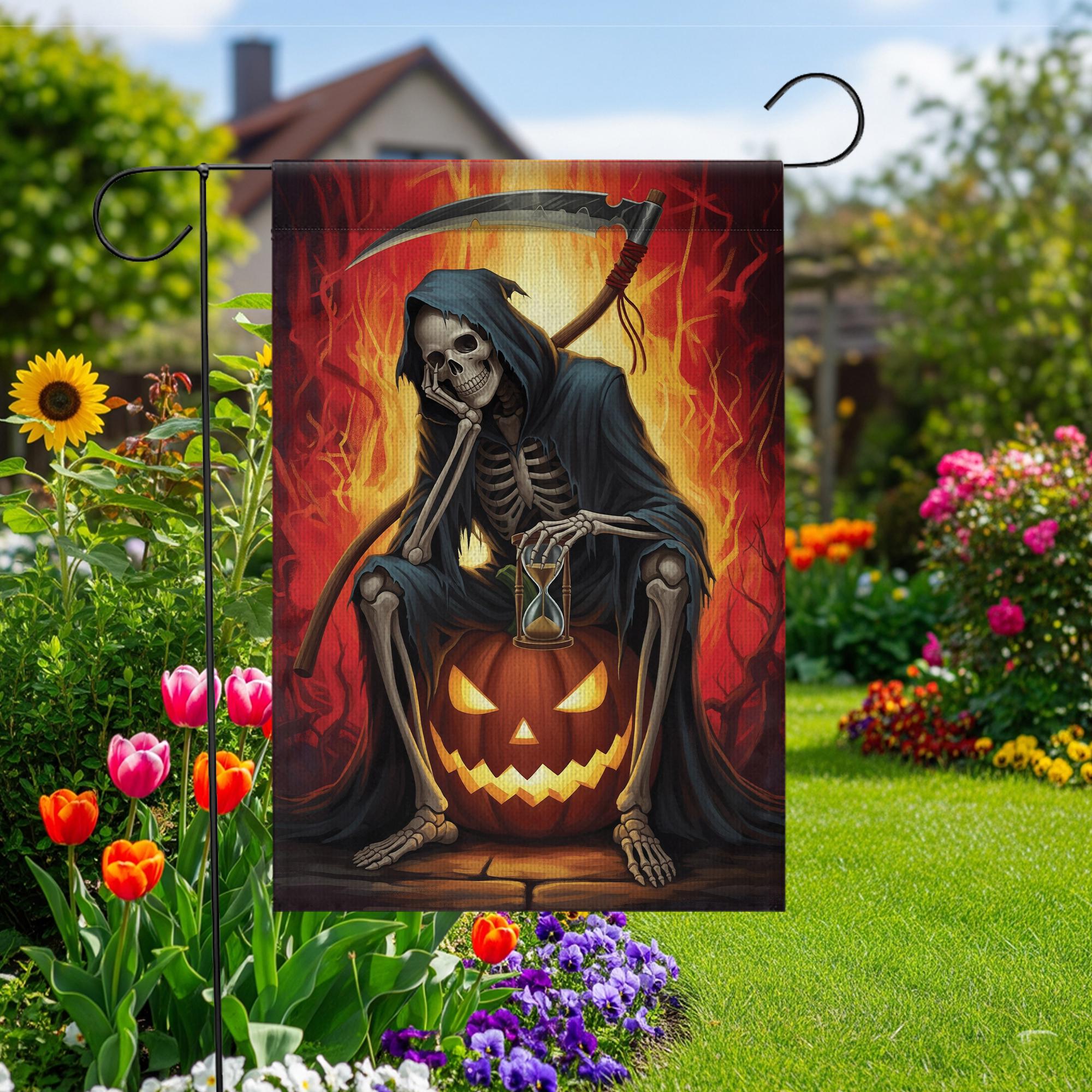 Grim Reaper Halloween Garden Flag, Spooky Skeleton Pumpkin Hourglass Fall Decor