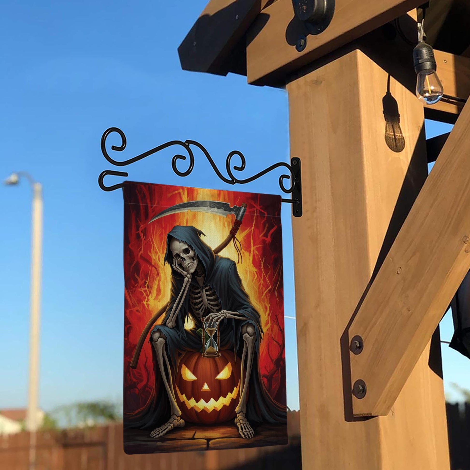 Grim Reaper Halloween Garden Flag, Spooky Skeleton Pumpkin Hourglass Fall Decor