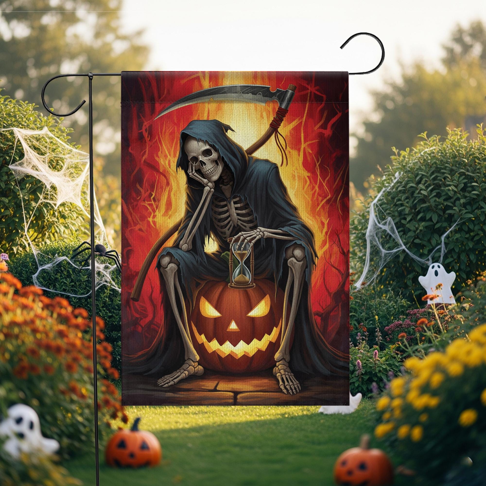 Grim Reaper Halloween Garden Flag, Spooky Skeleton Pumpkin Hourglass Fall Decor