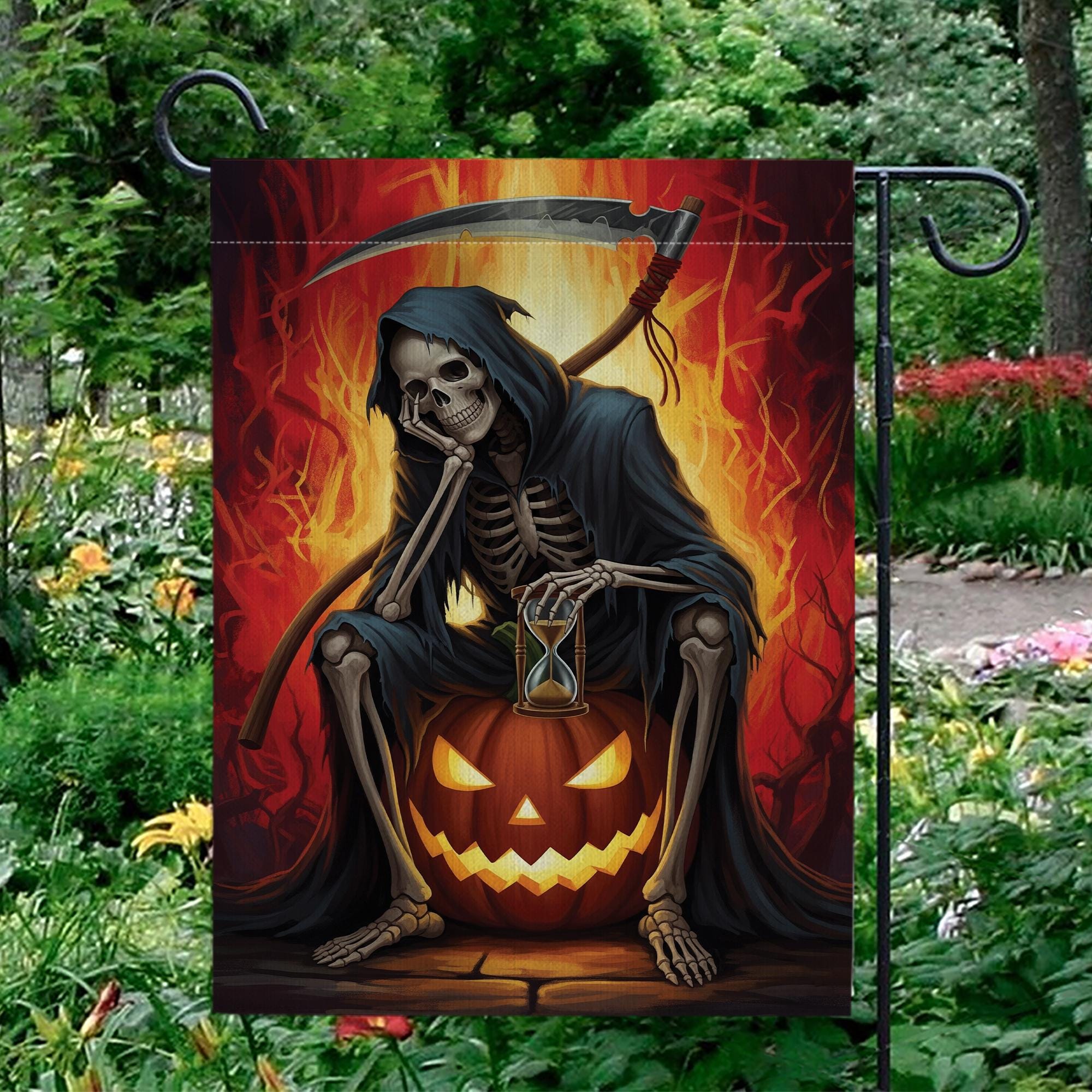 Grim Reaper Halloween Garden Flag, Spooky Skeleton Pumpkin Hourglass Fall Decor