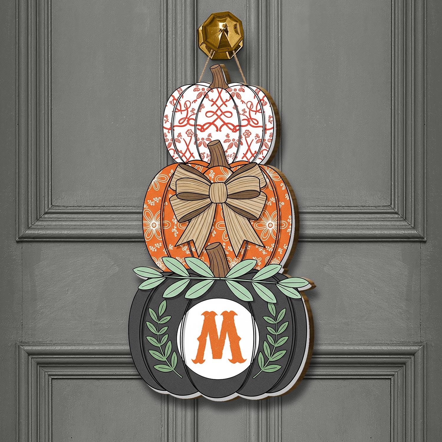 Fall Door Hanger Pumpkin Stack, Personalized Monogram Halloween Decor, Autumn Front Door Sign, Rustic Farmhouse Pumpkin Decoration