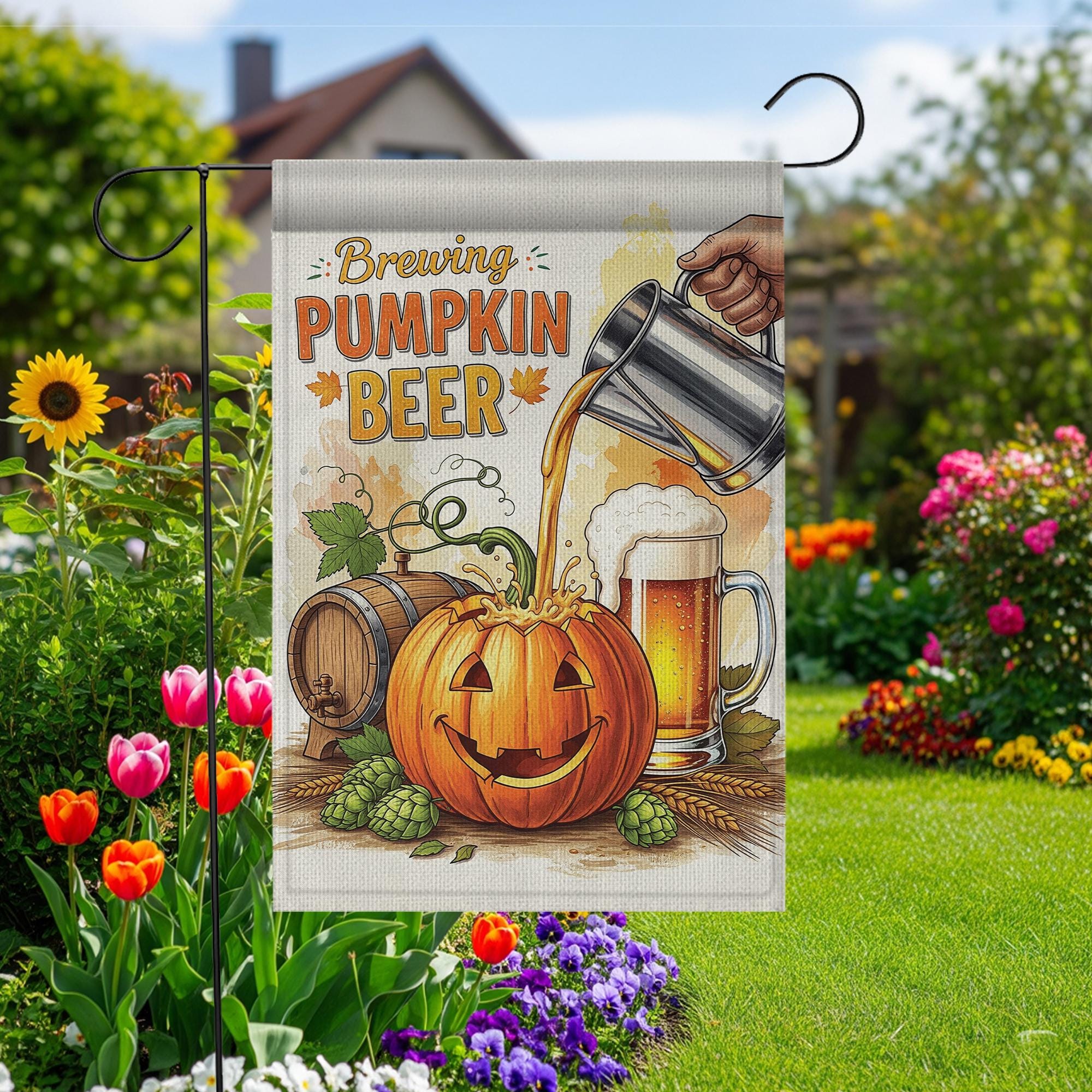 Brewing Pumpkin Beer Garden Flag, Rustic Fall Decor, Funny Halloween Decor, Autumn Yard Flag