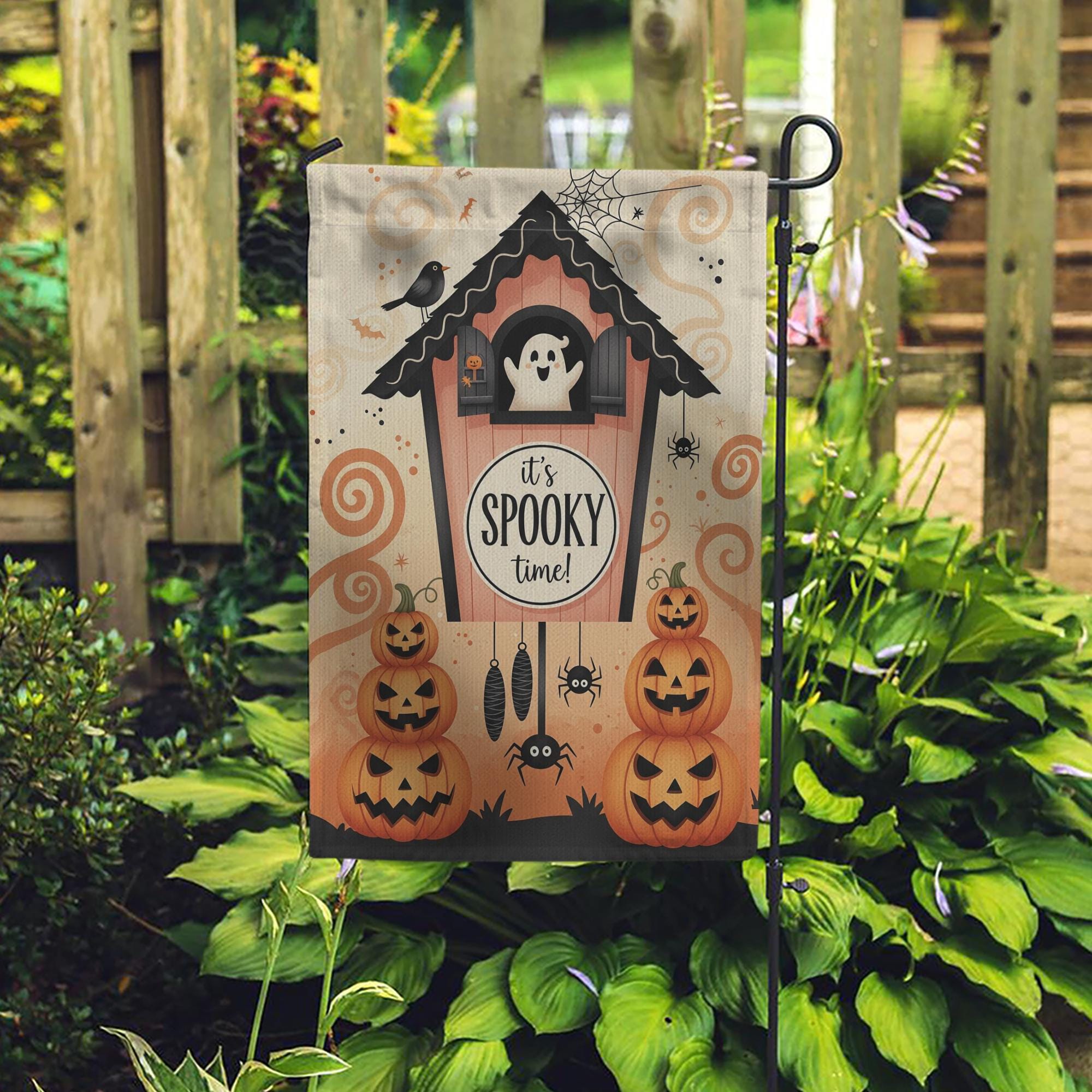 It's Spooky Time Halloween Garden Flag, Cute Ghost and Pumpkin Fall Decor, Outdoor Decor