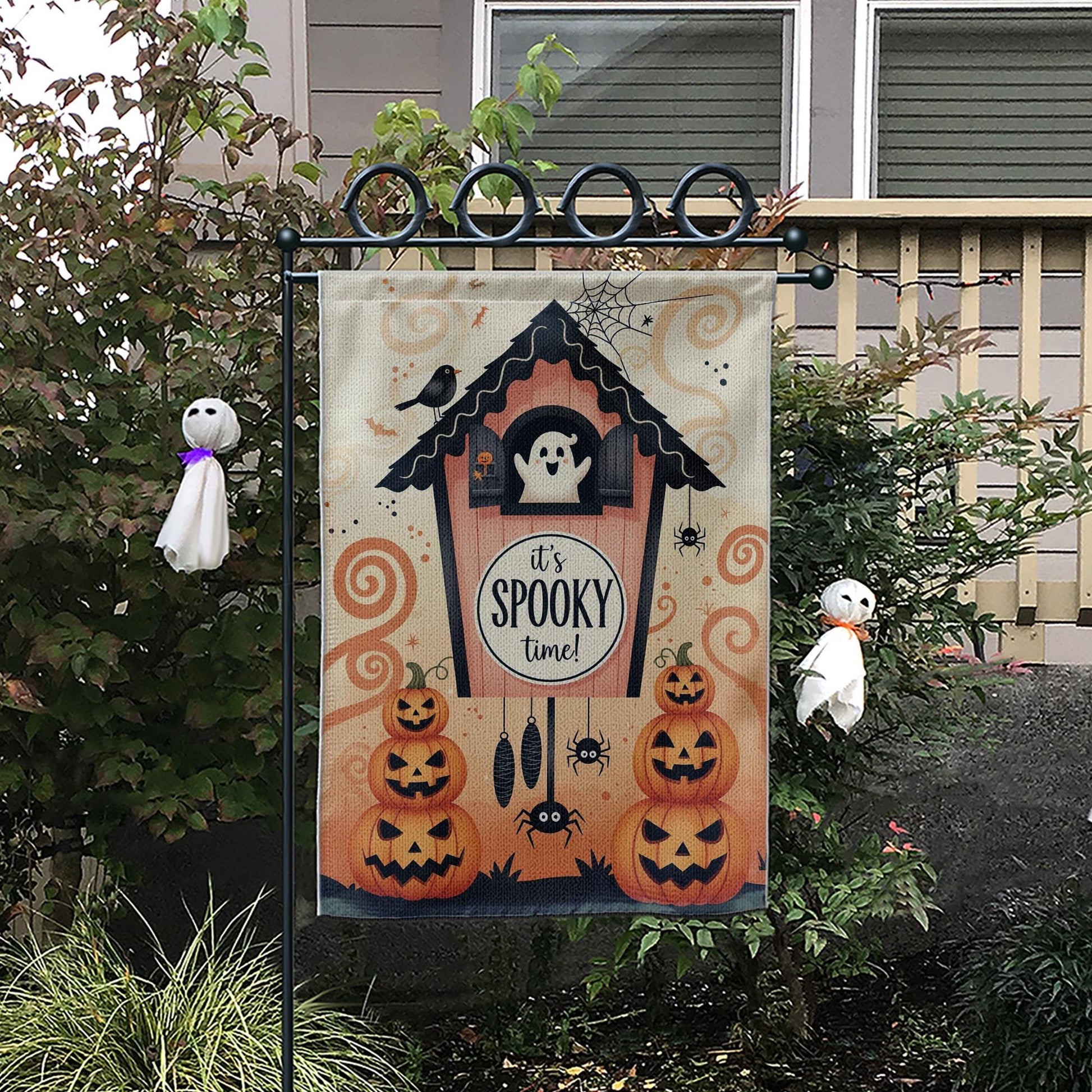 It's Spooky Time Halloween Garden Flag, Cute Ghost and Pumpkin Fall Decor, Outdoor Decor