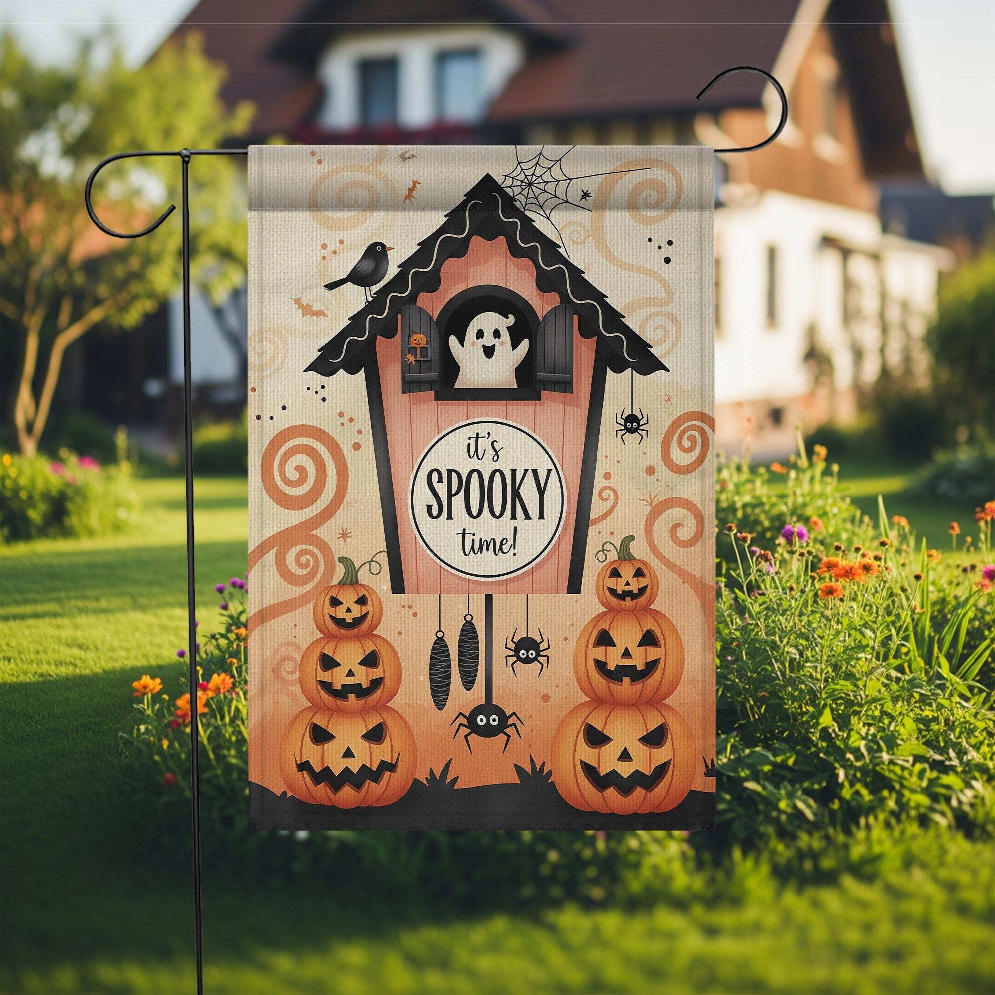 It's Spooky Time Halloween Garden Flag, Cute Ghost and Pumpkin Fall Decor, Outdoor Decor