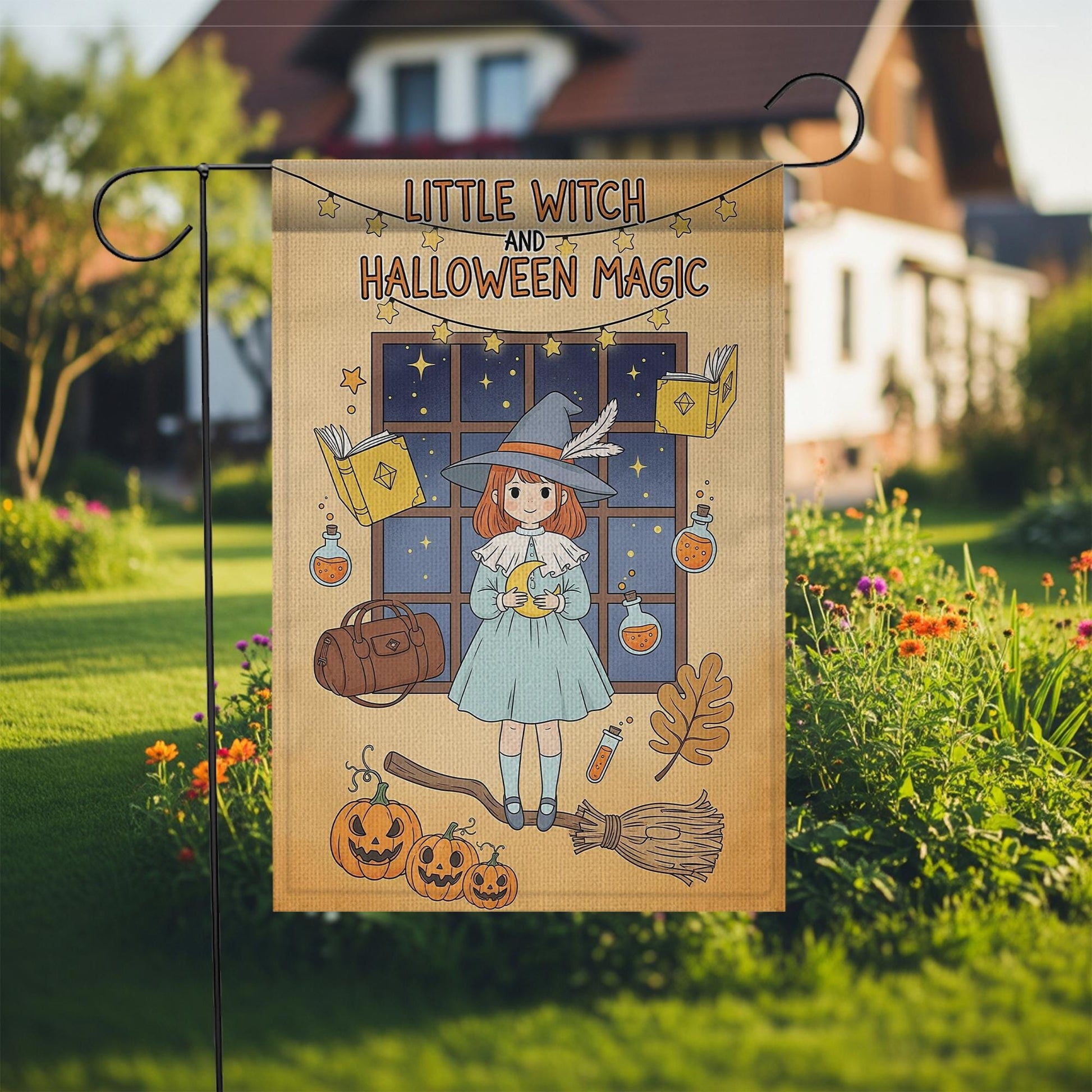 Little Witch Halloween Garden Flag, Cute Halloween Magic Decor, Fall Outdoor Decoration