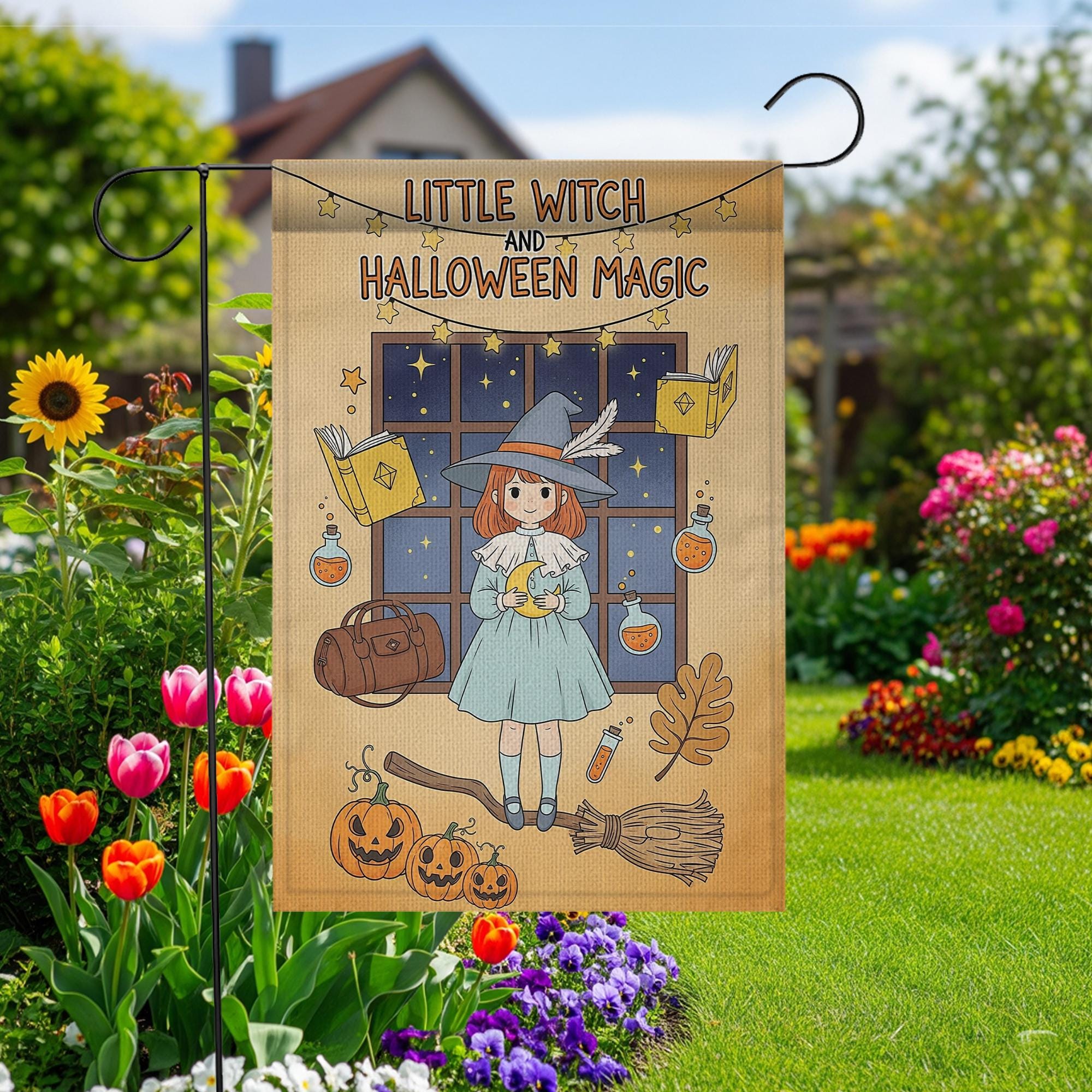 Little Witch Halloween Garden Flag, Cute Halloween Magic Decor, Fall Outdoor Decoration