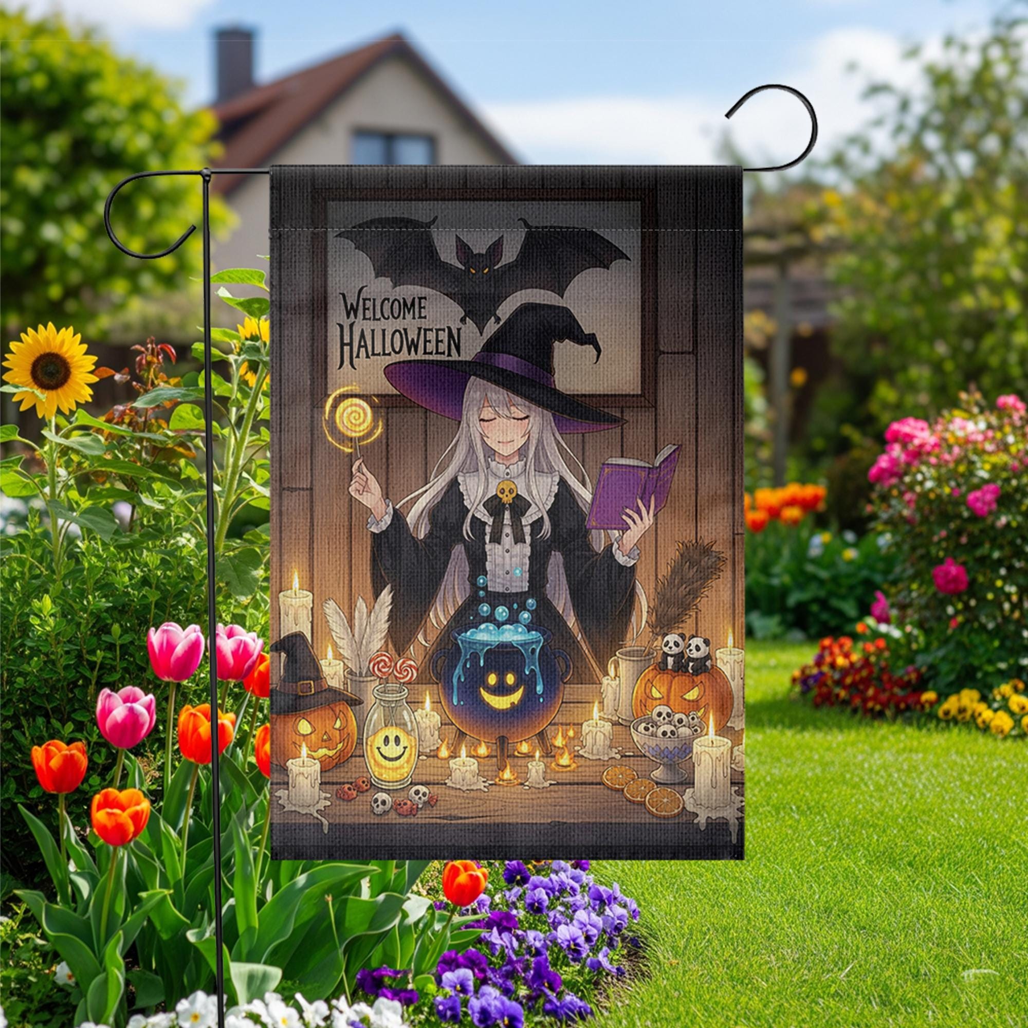 Welcome Halloween Witch Garden Flag, Anime Witch Garden Decor, Halloween Party Decoration