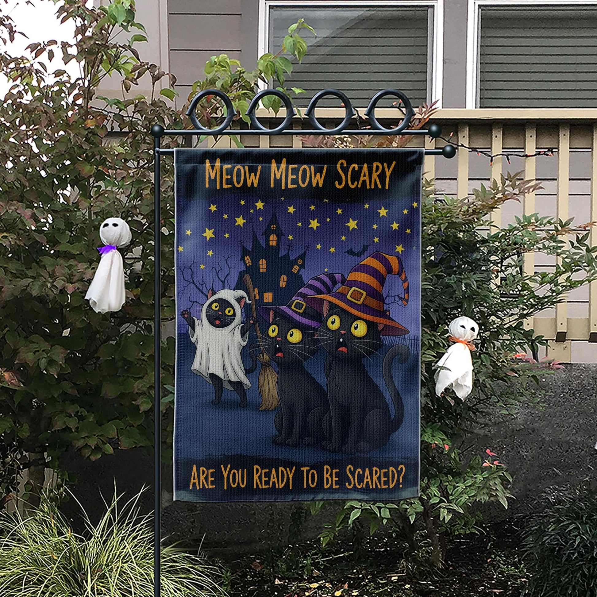 Meow Meow Scary Cats Halloween Garden Flag, Funny Black Cat Spooky Decor, Fall Outdoor Decoration
