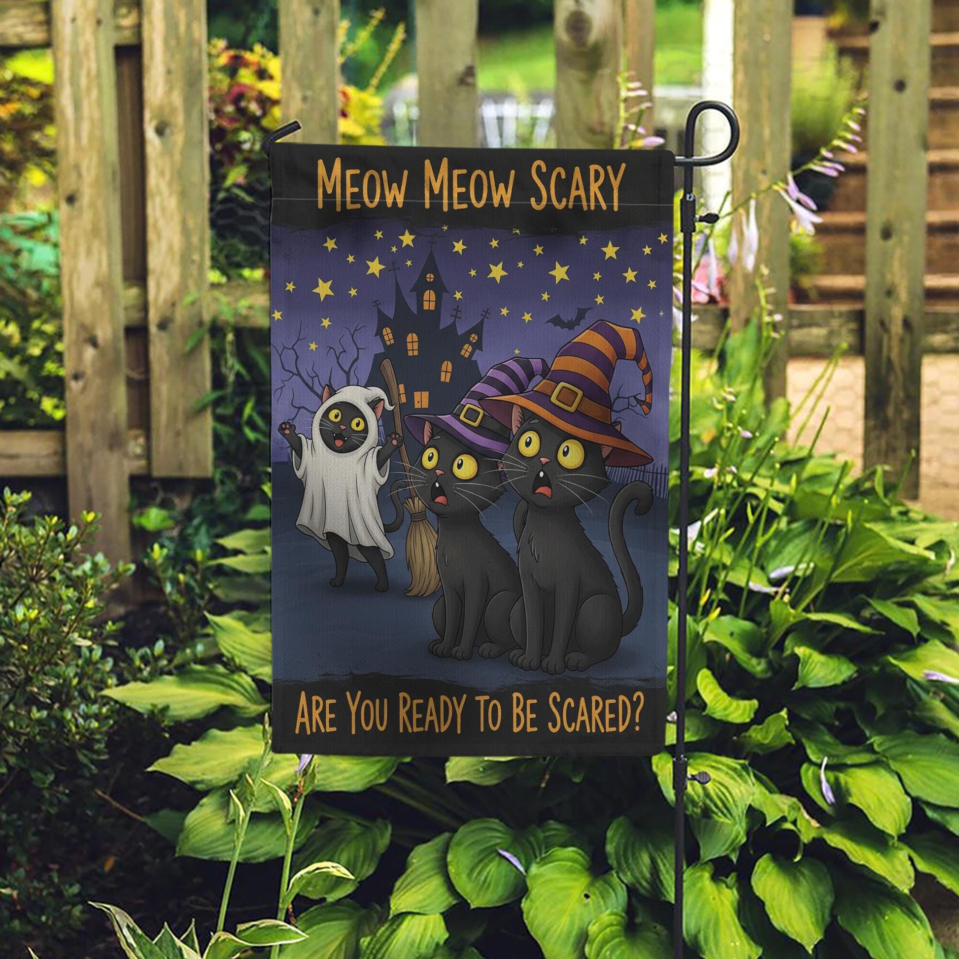 Meow Meow Scary Cats Halloween Garden Flag, Funny Black Cat Spooky Decor, Fall Outdoor Decoration