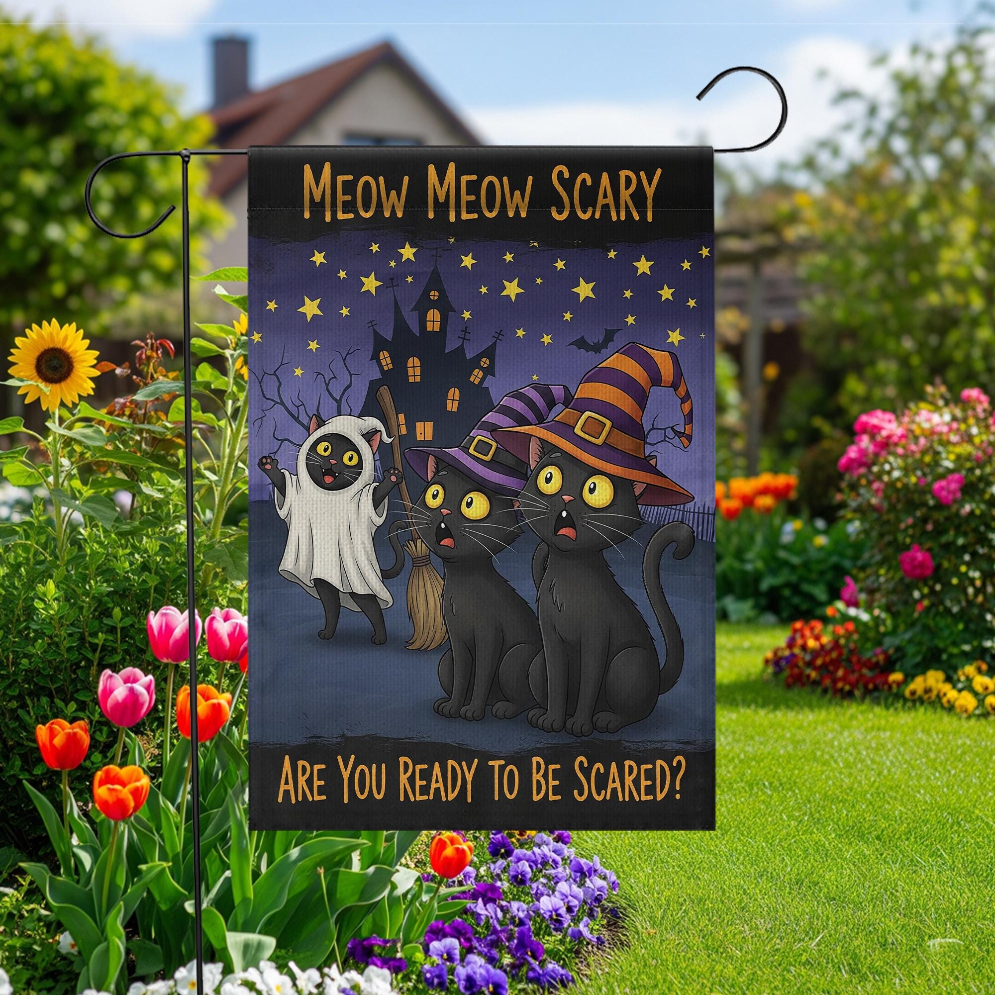 Meow Meow Scary Cats Halloween Garden Flag, Funny Black Cat Spooky Decor, Fall Outdoor Decoration