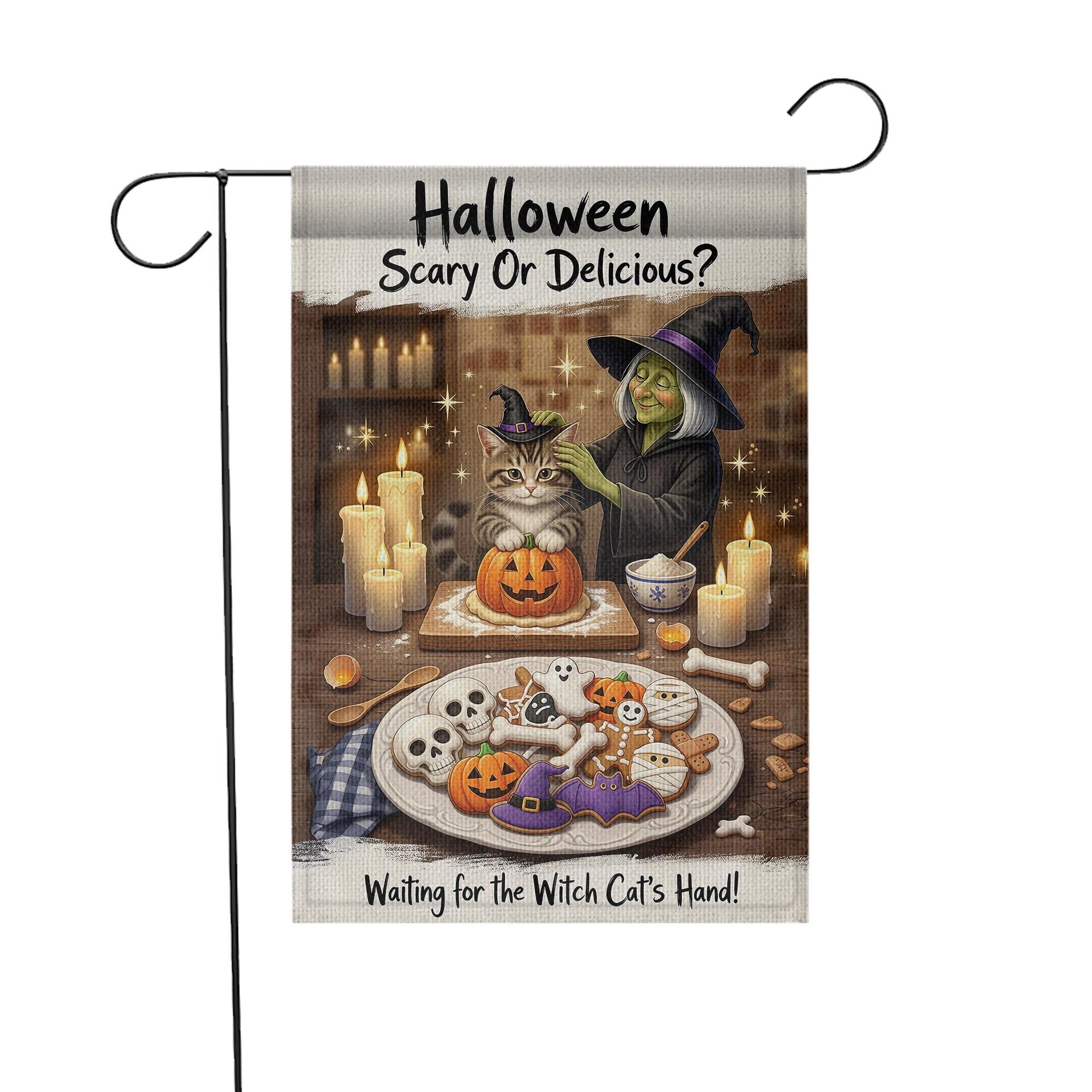 Halloween Scary or Delicious Garden Flag, Witch Cat Baking Spooky Cookies, Fall Decor