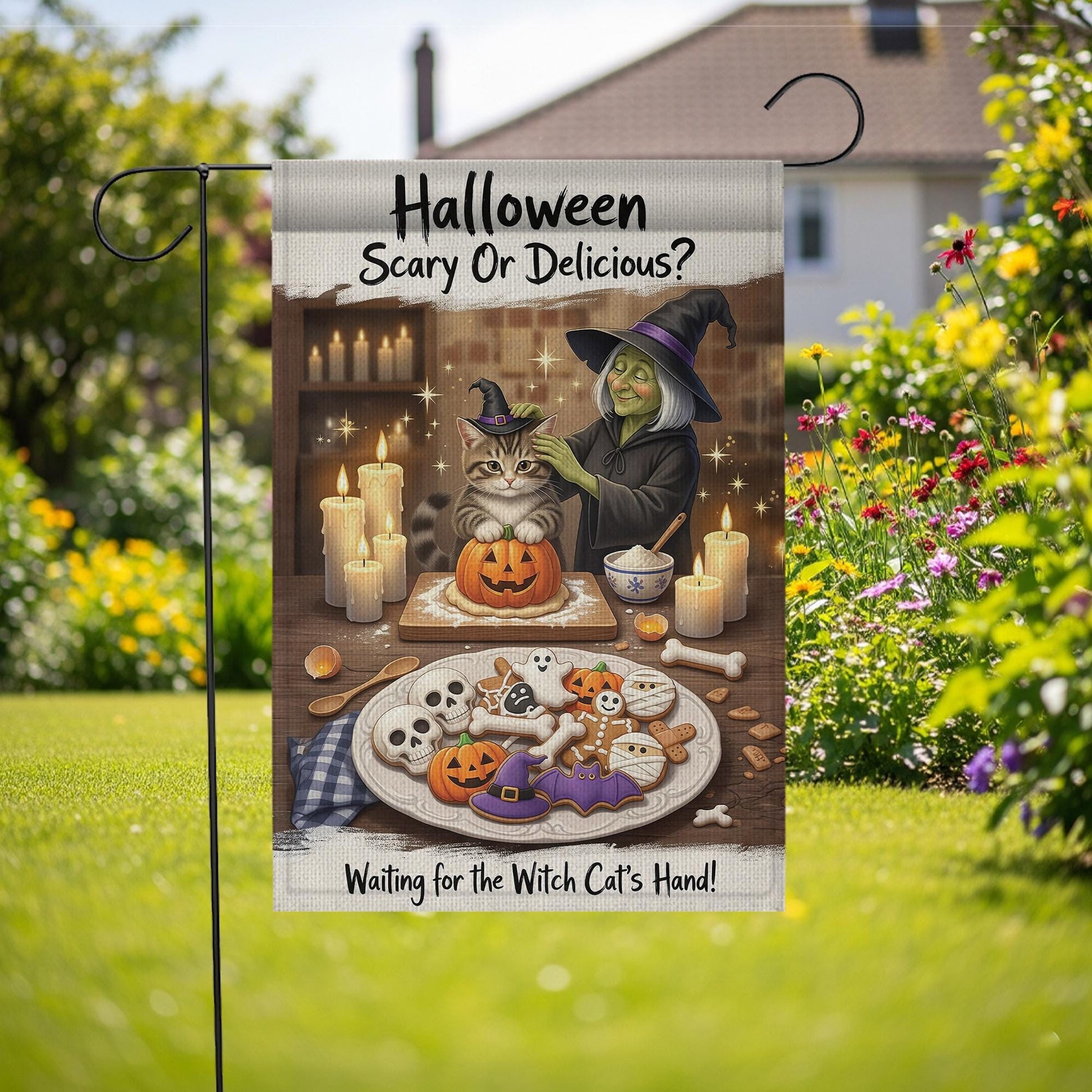 Halloween Scary or Delicious Garden Flag, Witch Cat Baking Spooky Cookies, Fall Decor