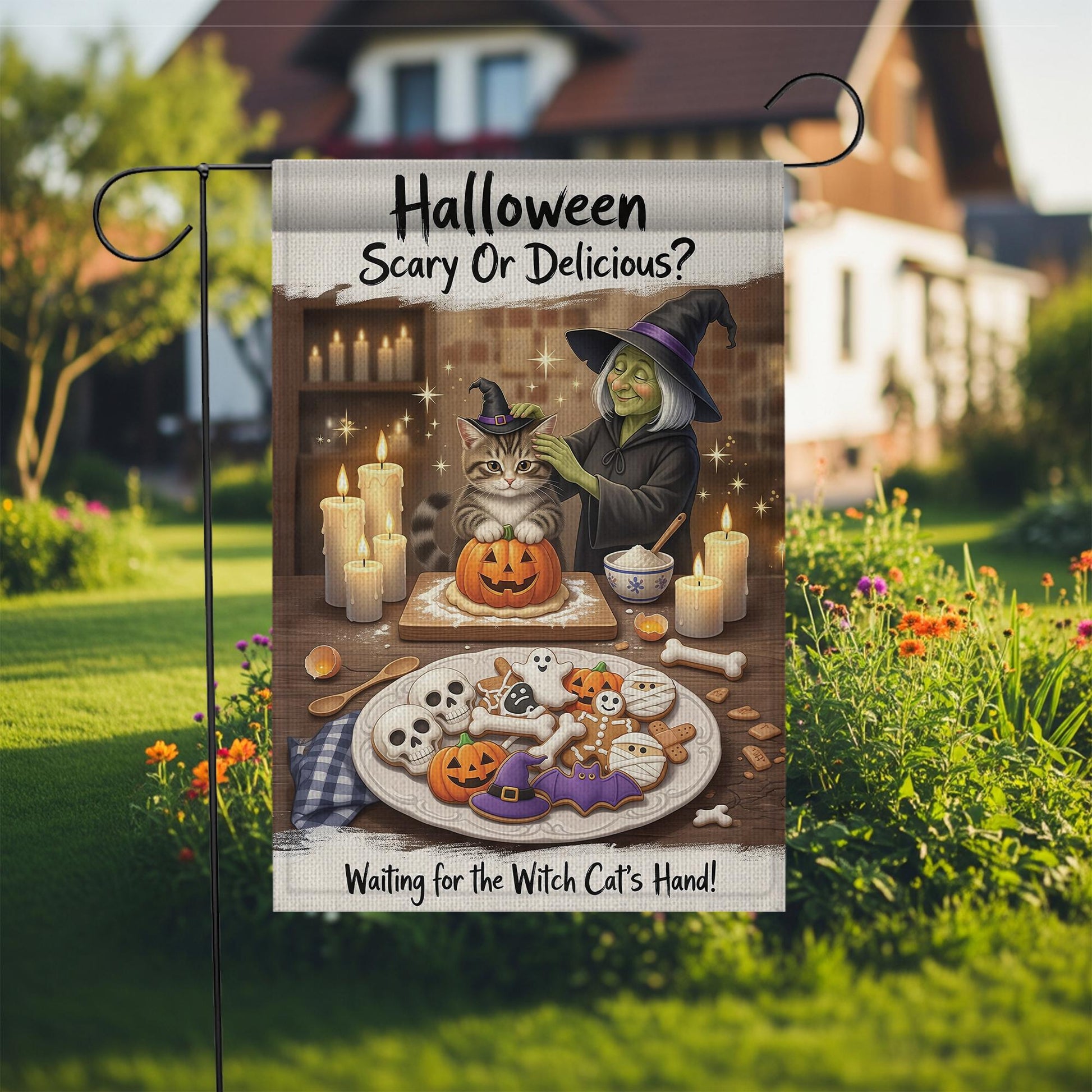 Halloween Scary or Delicious Garden Flag, Witch Cat Baking Spooky Cookies, Fall Decor