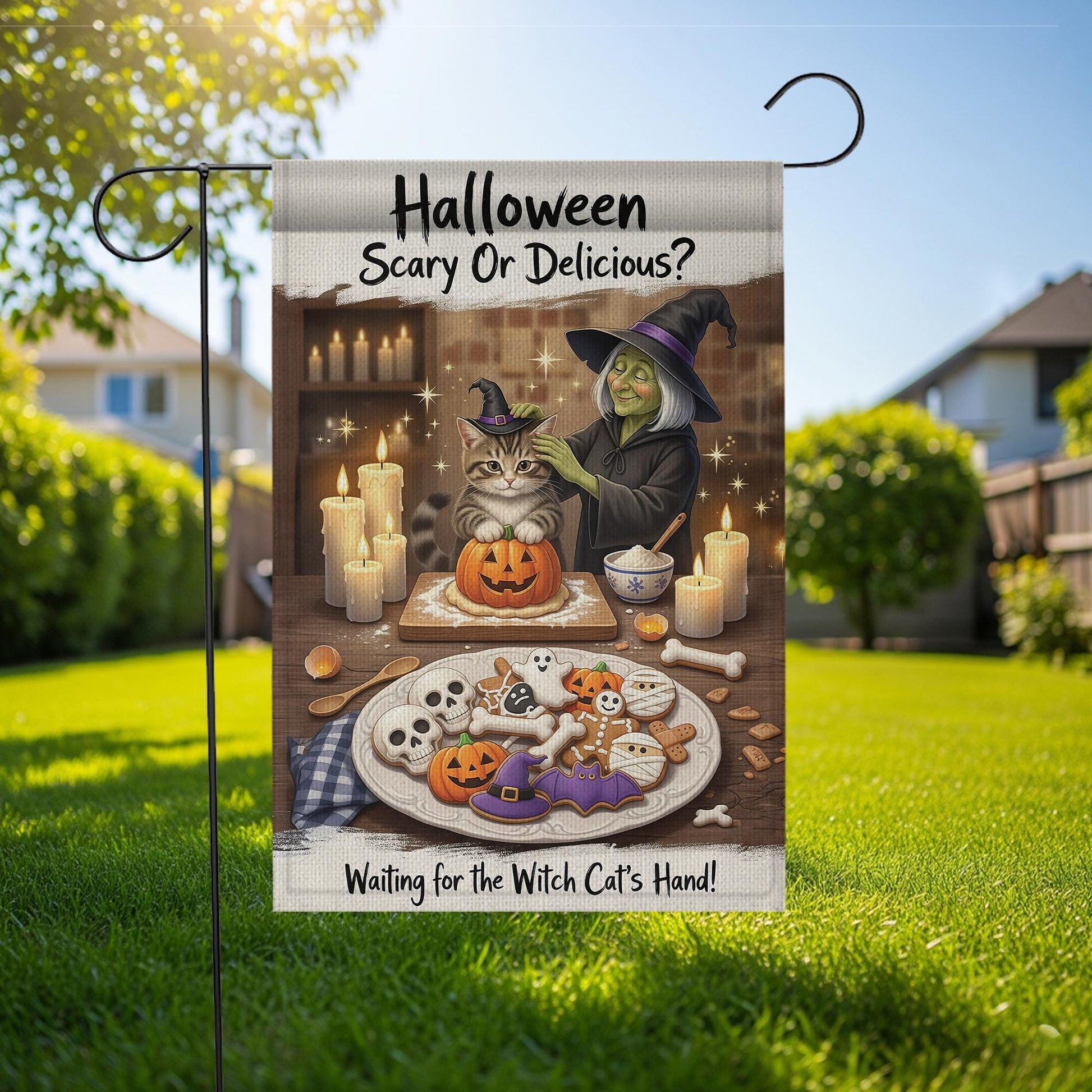 Halloween Scary or Delicious Garden Flag, Witch Cat Baking Spooky Cookies, Fall Decor