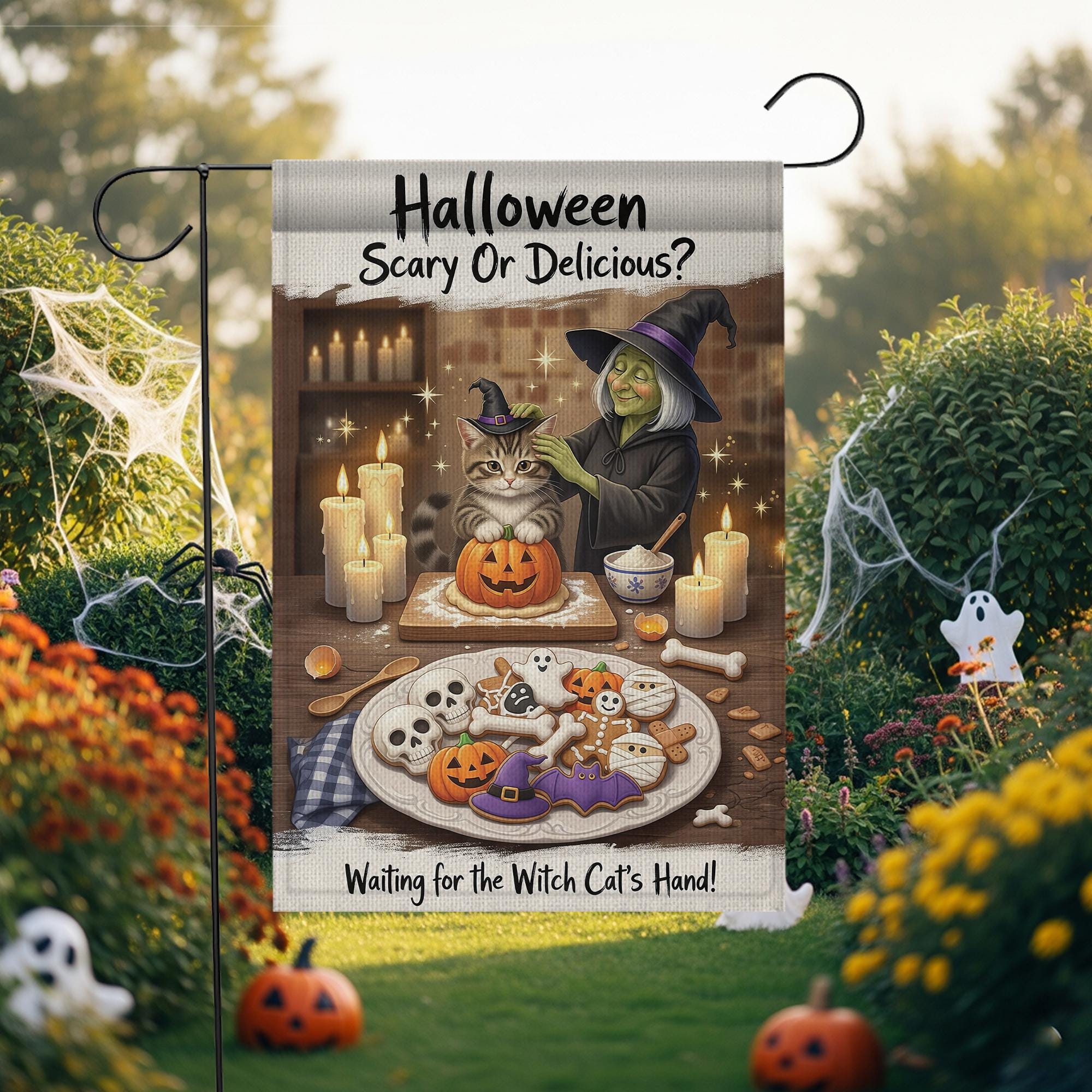 Halloween Scary or Delicious Garden Flag, Witch Cat Baking Spooky Cookies, Fall Decor