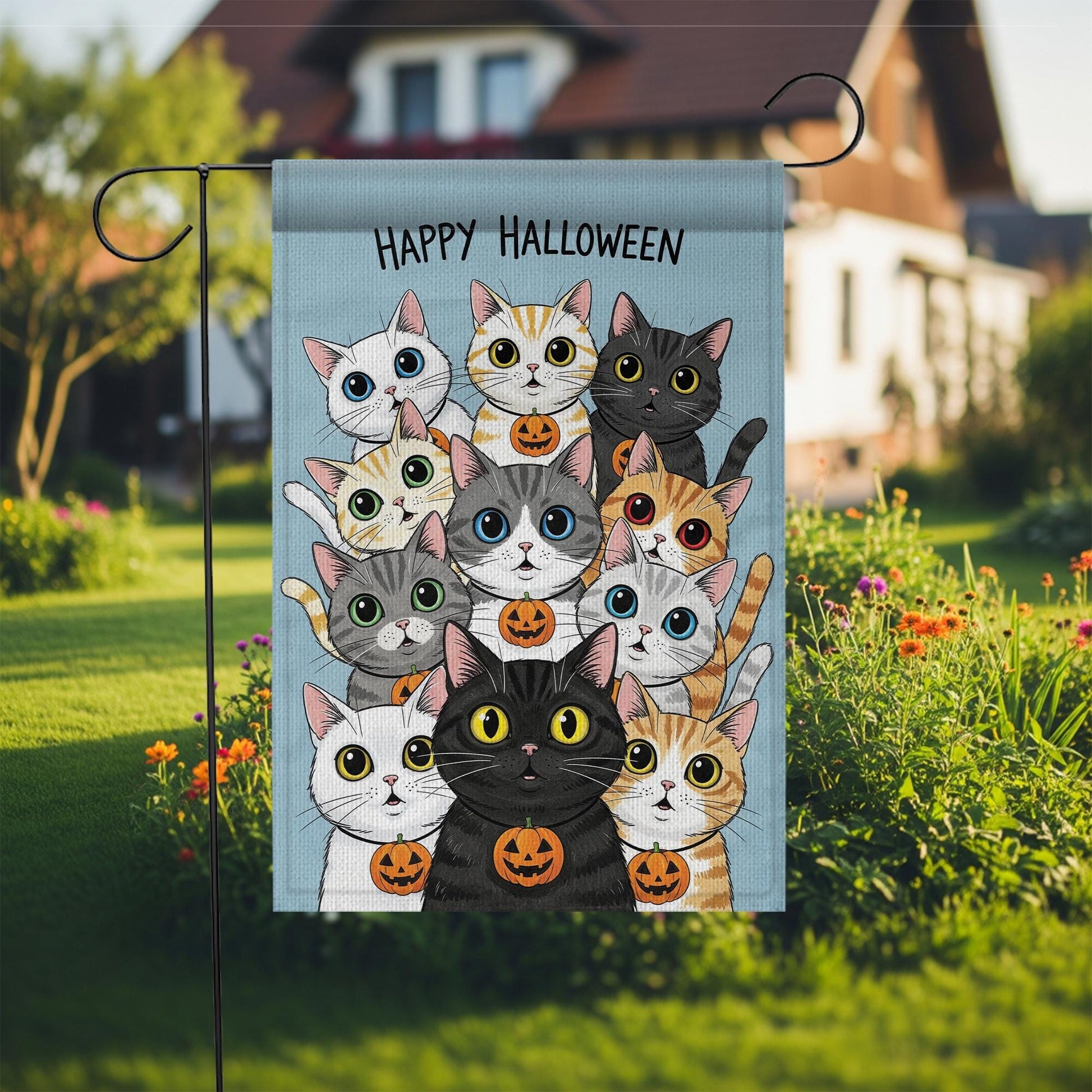 Happy Halloween Cats Garden Flag, Cute Black Cat Pumpkin Decor, Fall Outdoor Decoration