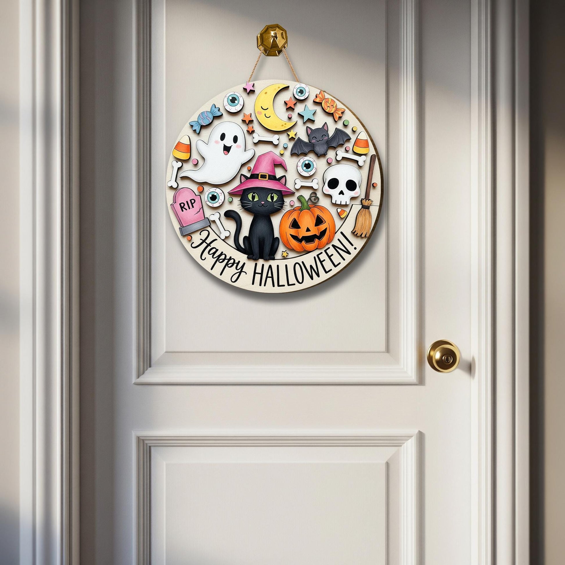 Happy Halloween Black Cat Wooden Sign, Spooky Door Hanger, Halloween Porch Decor, Trick or Treat