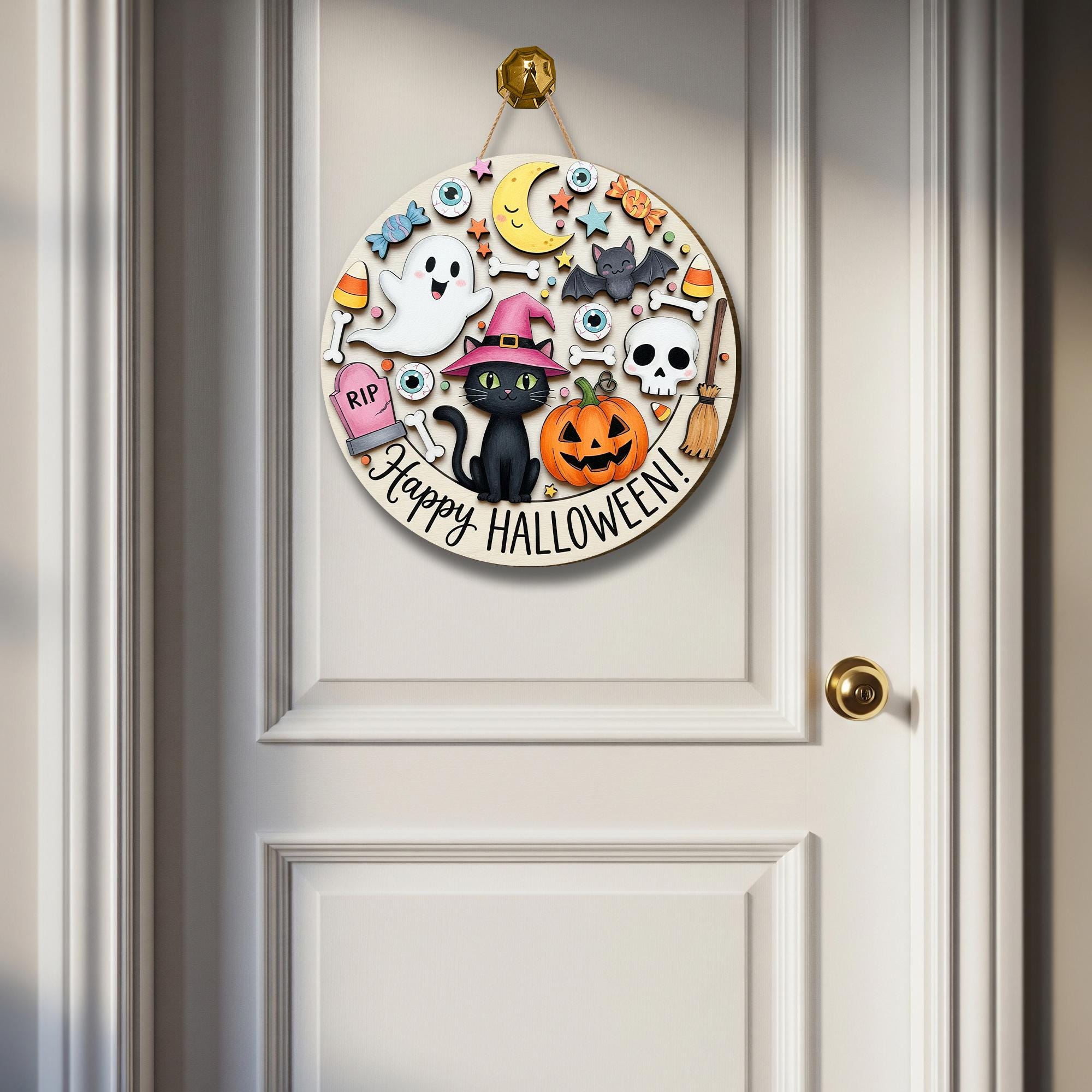Happy Halloween Black Cat Wooden Sign, Spooky Door Hanger, Halloween Porch Decor, Trick or Treat