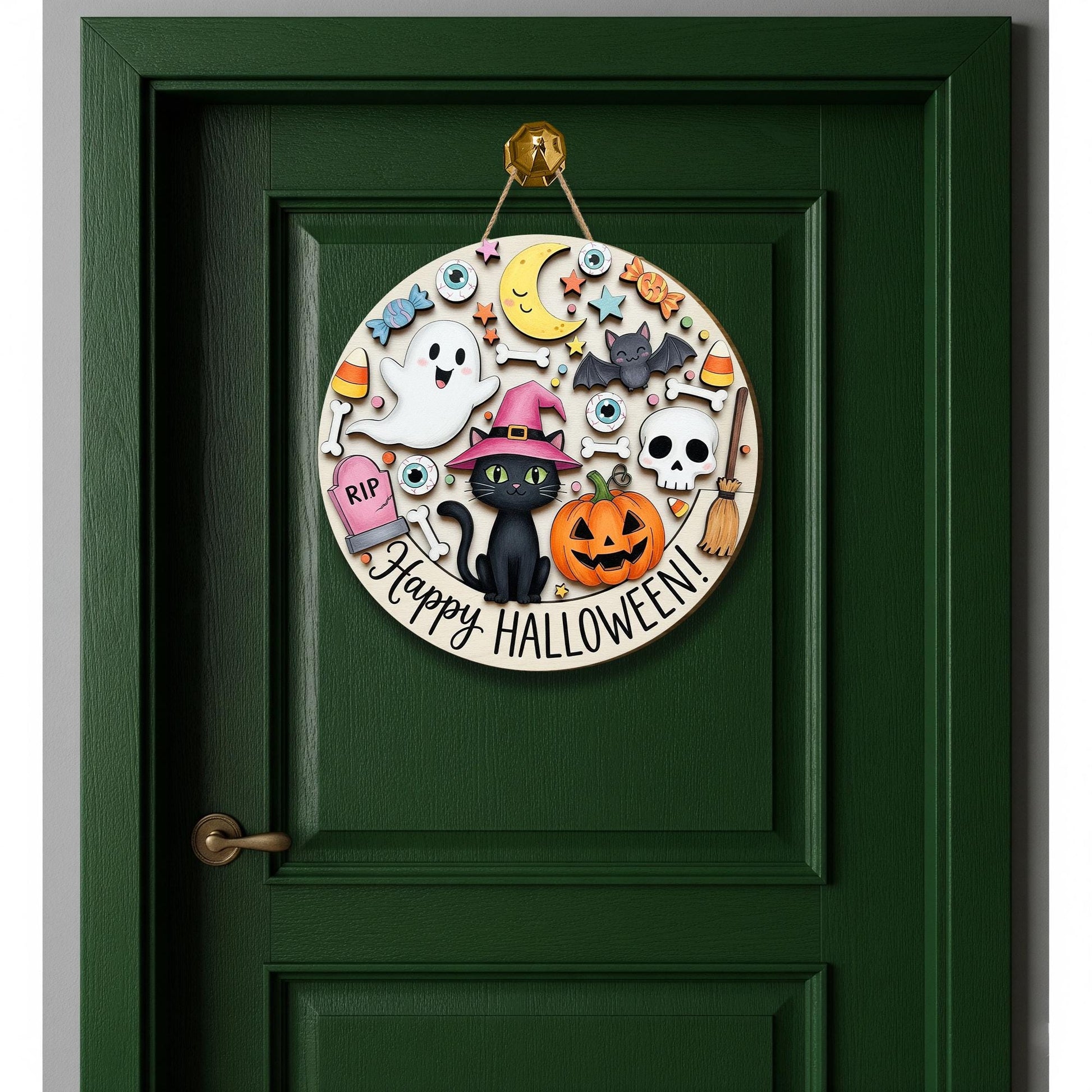 Happy Halloween Black Cat Wooden Sign, Spooky Door Hanger, Halloween Porch Decor, Trick or Treat
