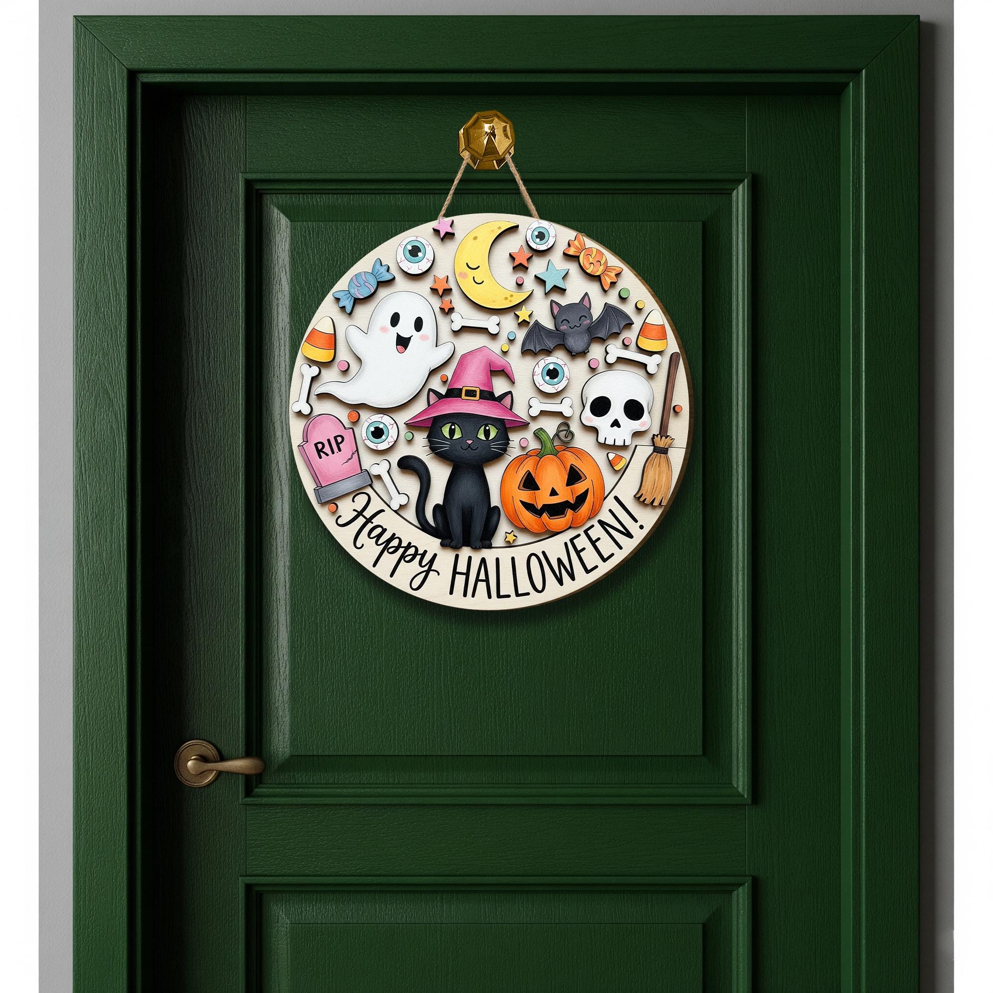 Happy Halloween Black Cat Wooden Sign, Spooky Door Hanger, Halloween Porch Decor, Trick or Treat