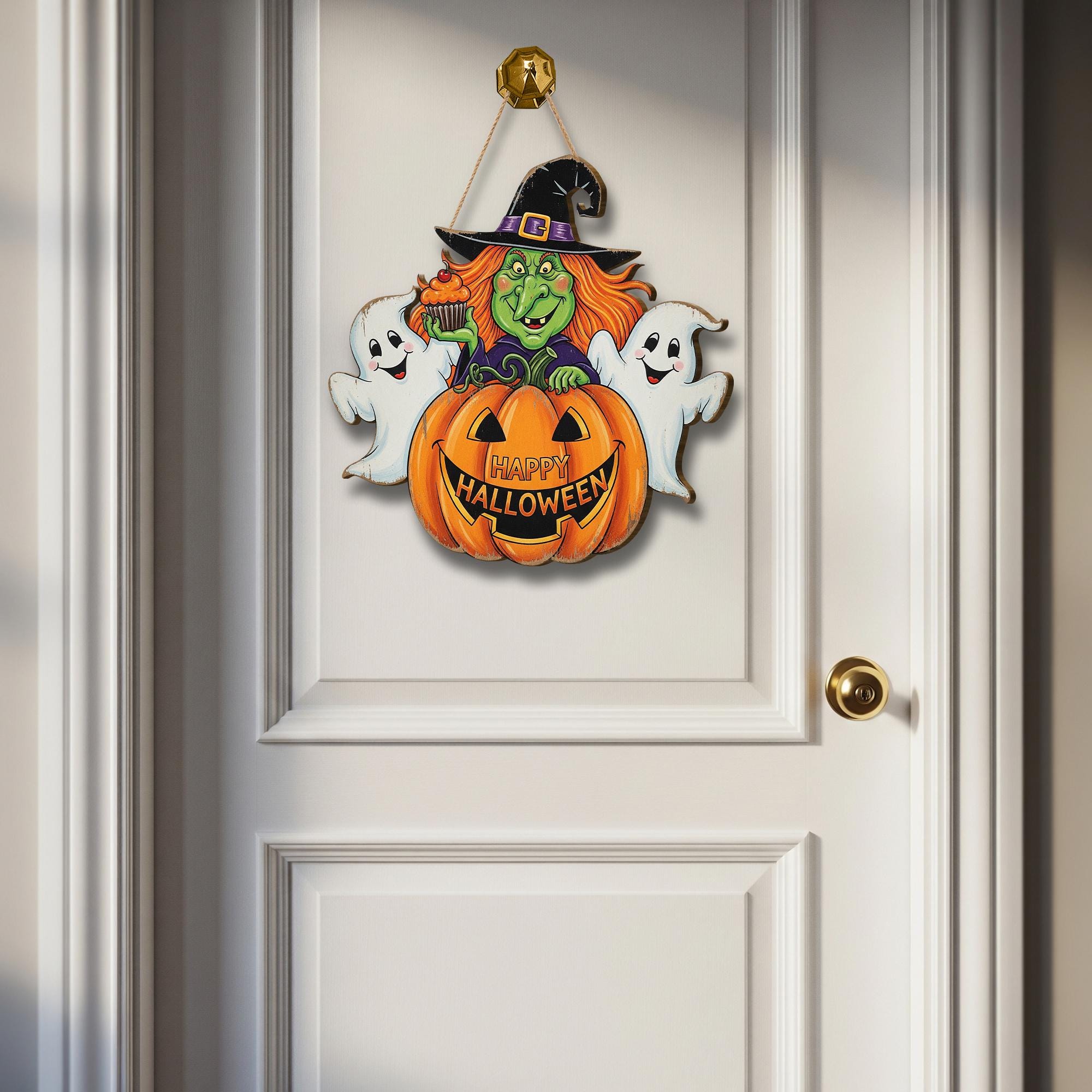 Happy Halloween Witch Wooden Sign , Spooky Ghost and Pumpkin Porch Sign, Fall Decor