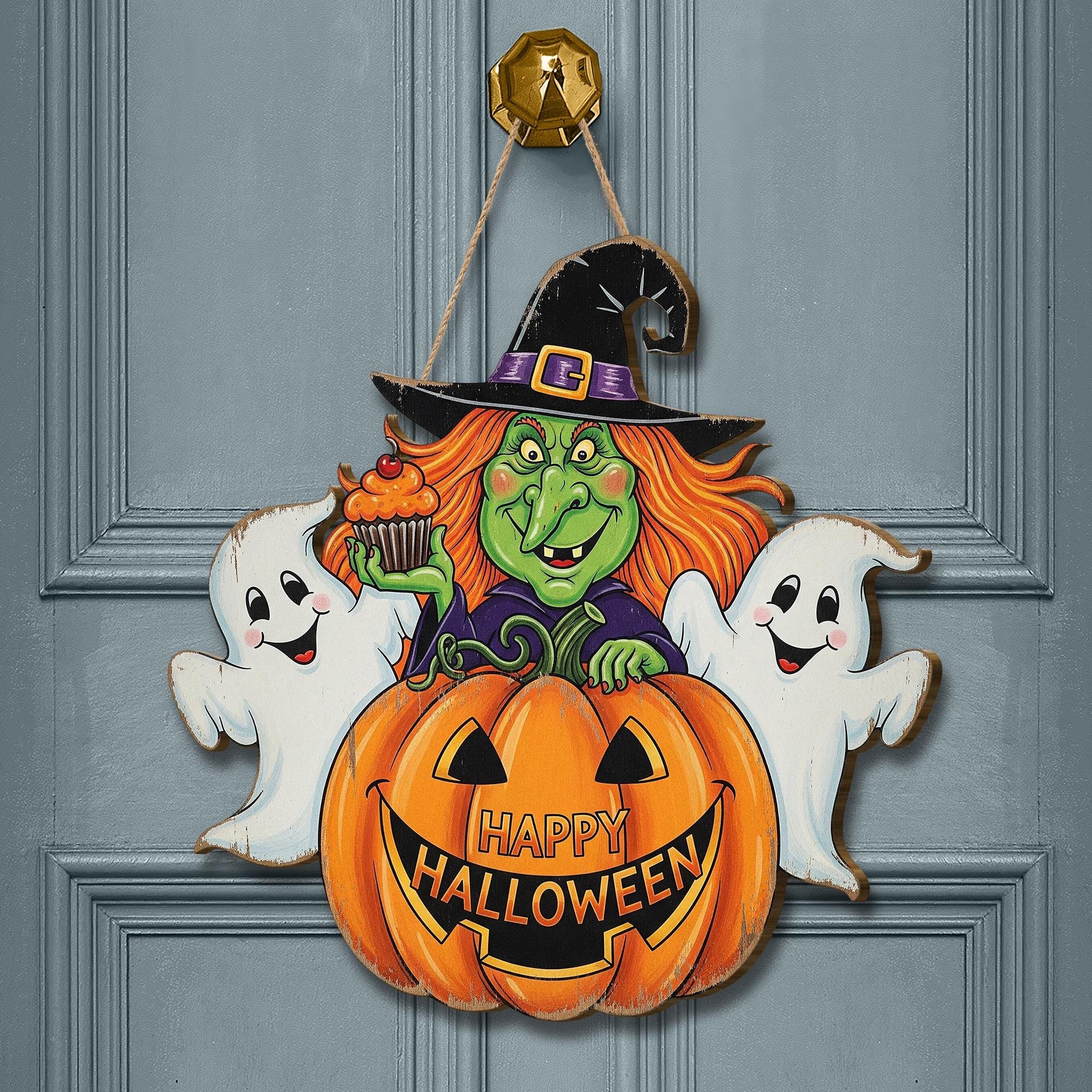Happy Halloween Witch Wooden Sign , Spooky Ghost and Pumpkin Porch Sign, Fall Decor