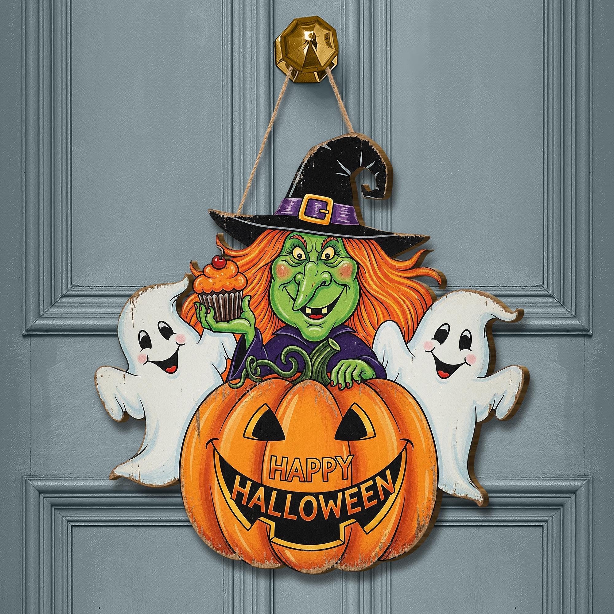 Happy Halloween Witch Wooden Sign , Spooky Ghost and Pumpkin Porch Sign, Fall Decor