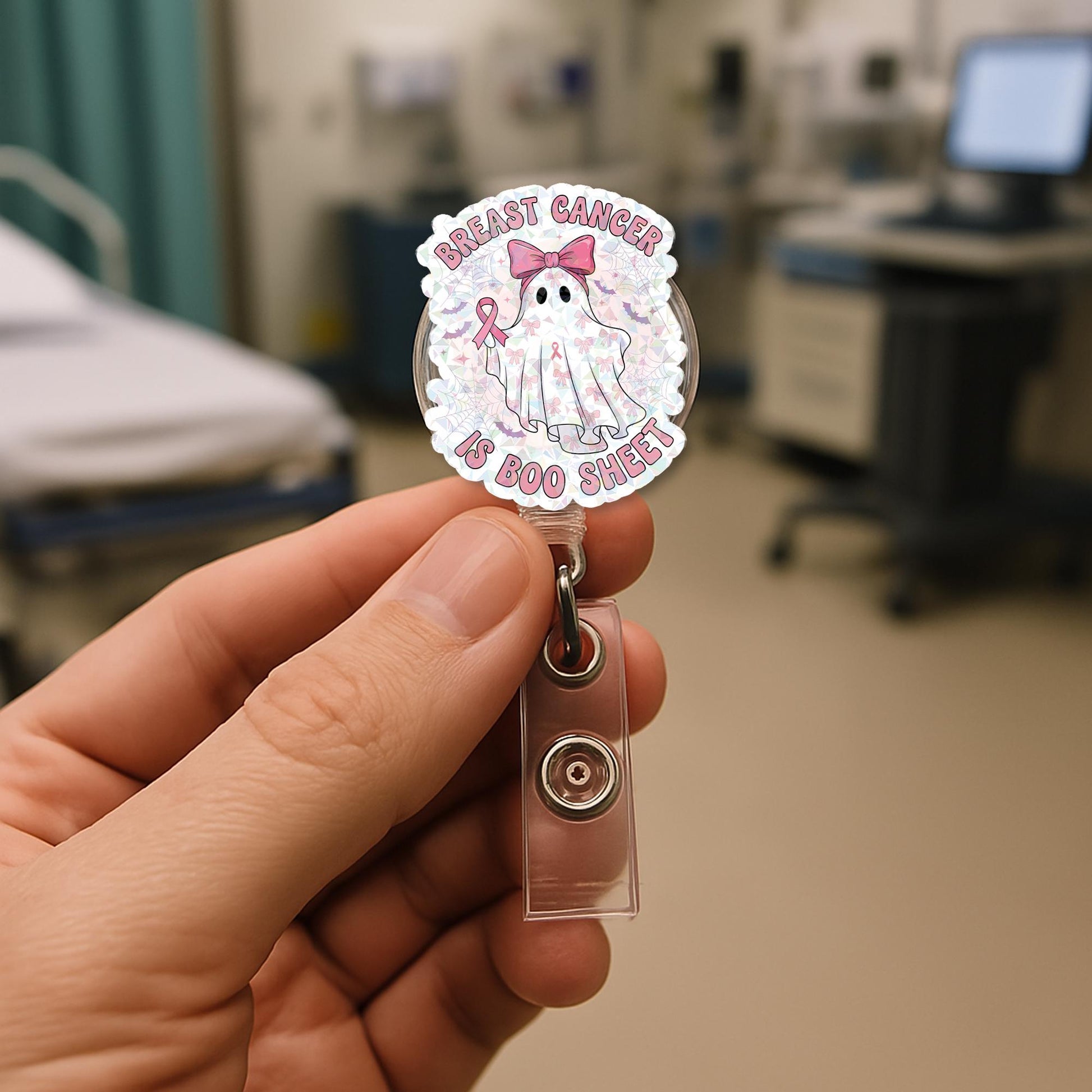 Breast Cancer Awareness Badge Reel – Funny Ghost “Boo Sheet” ID Holder for Nurses, Techs & Healthcare Workers