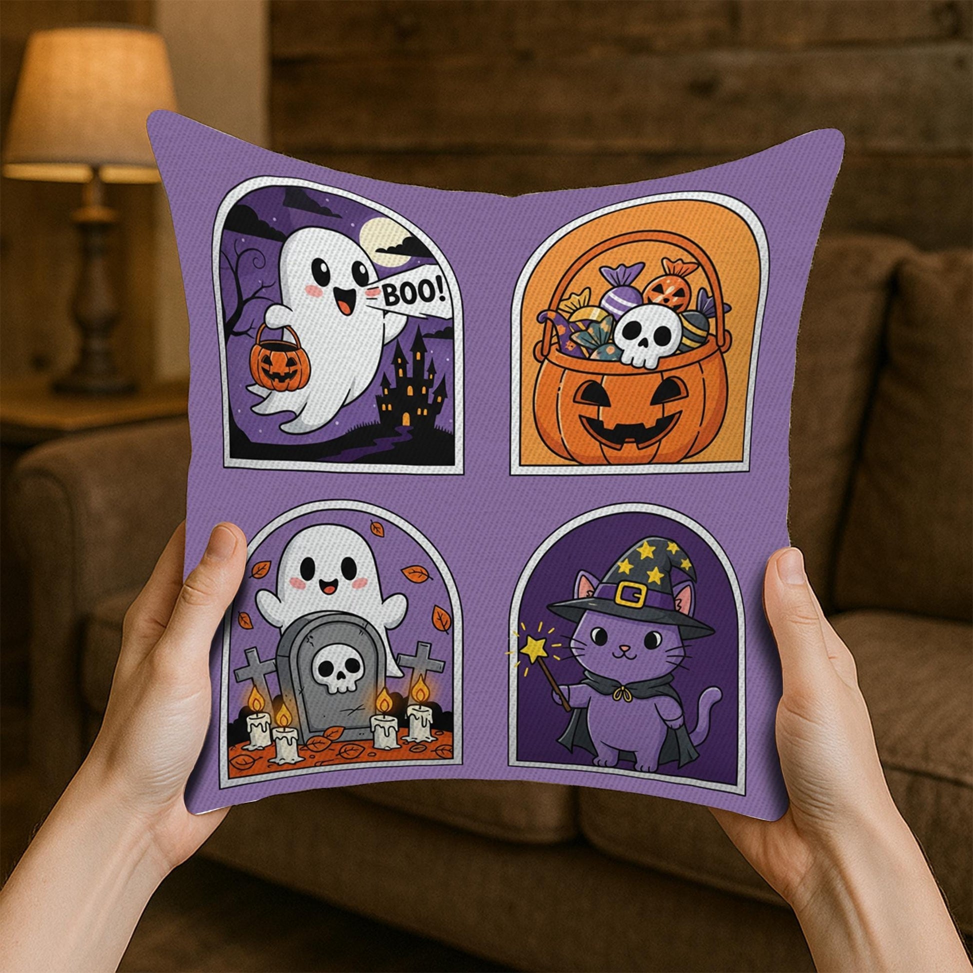 Boo! Halloween Throw Pillow, Cute Ghost and Black Cat Decor, Spooky Fall Home Decor