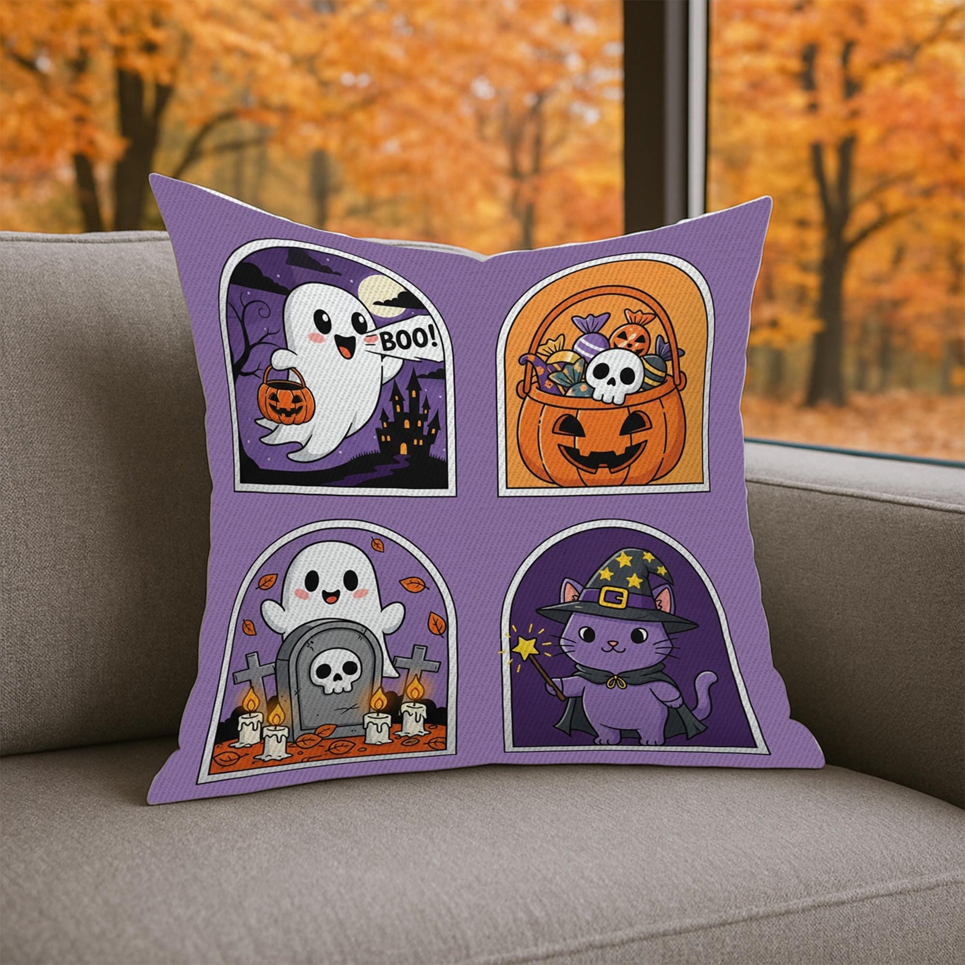Boo! Halloween Throw Pillow, Cute Ghost and Black Cat Decor, Spooky Fall Home Decor