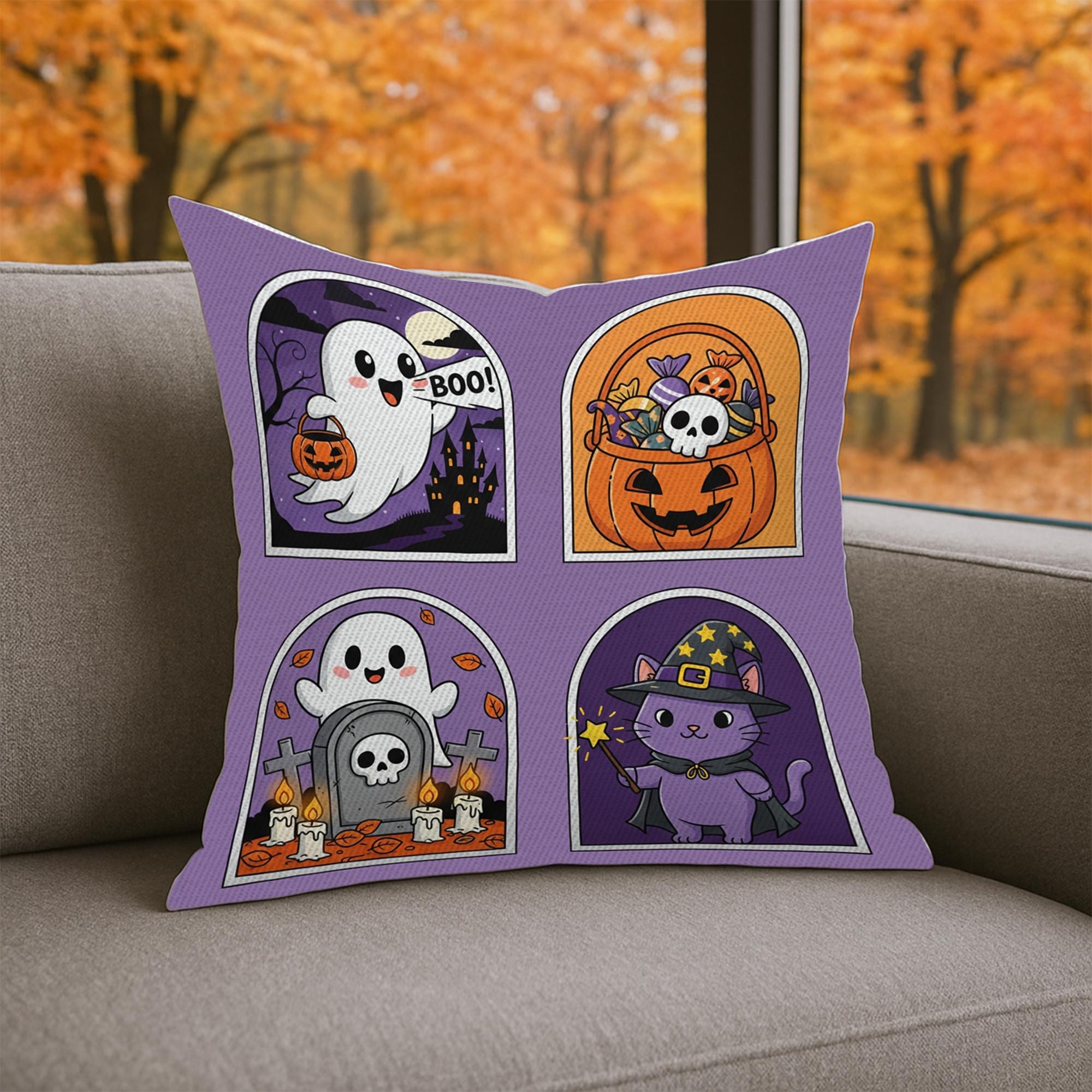 Boo! Halloween Throw Pillow, Cute Ghost and Black Cat Decor, Spooky Fall Home Decor