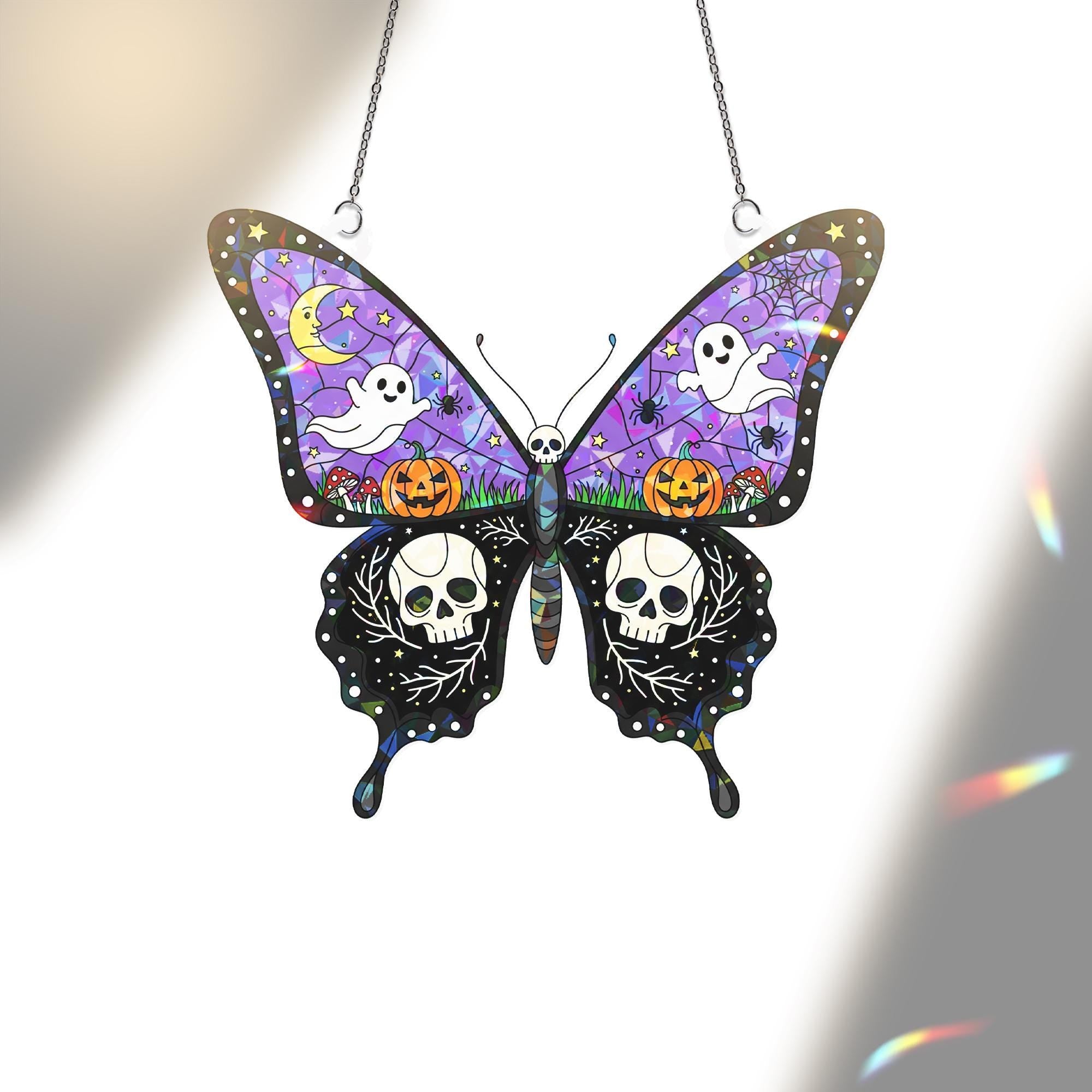 Halloween Butterfly Suncatcher, Spooky Ghost and Skull Decor, Stained Glass Wall Hanging