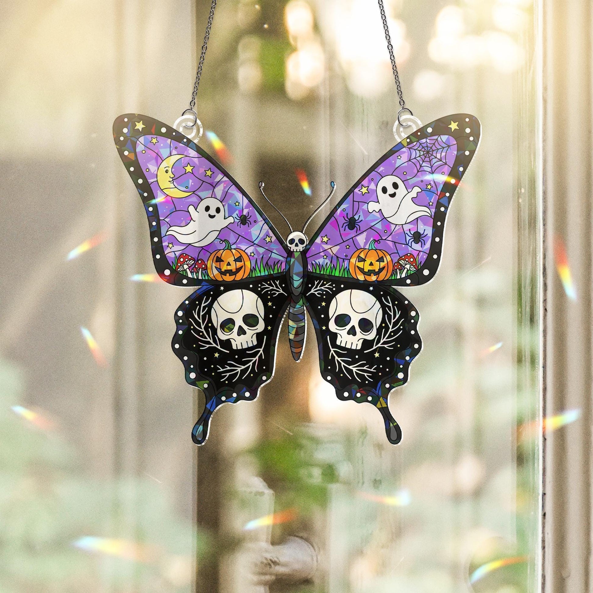 Halloween Butterfly Suncatcher, Spooky Ghost and Skull Decor, Stained Glass Wall Hanging