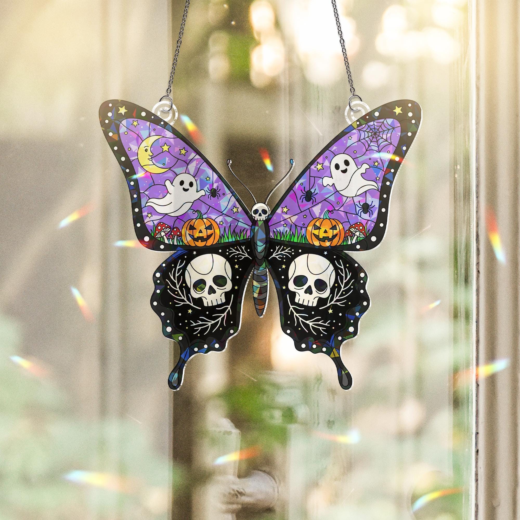 Halloween Butterfly Suncatcher, Spooky Ghost and Skull Decor, Stained Glass Wall Hanging