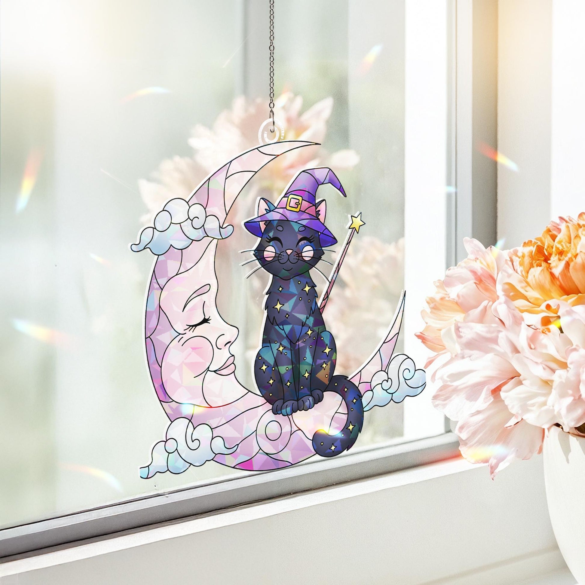 Witch Cat on Moon Suncatcher, Stained Glass Wall Hanging, Kawaii Cat Window Decor, Witchy Decor