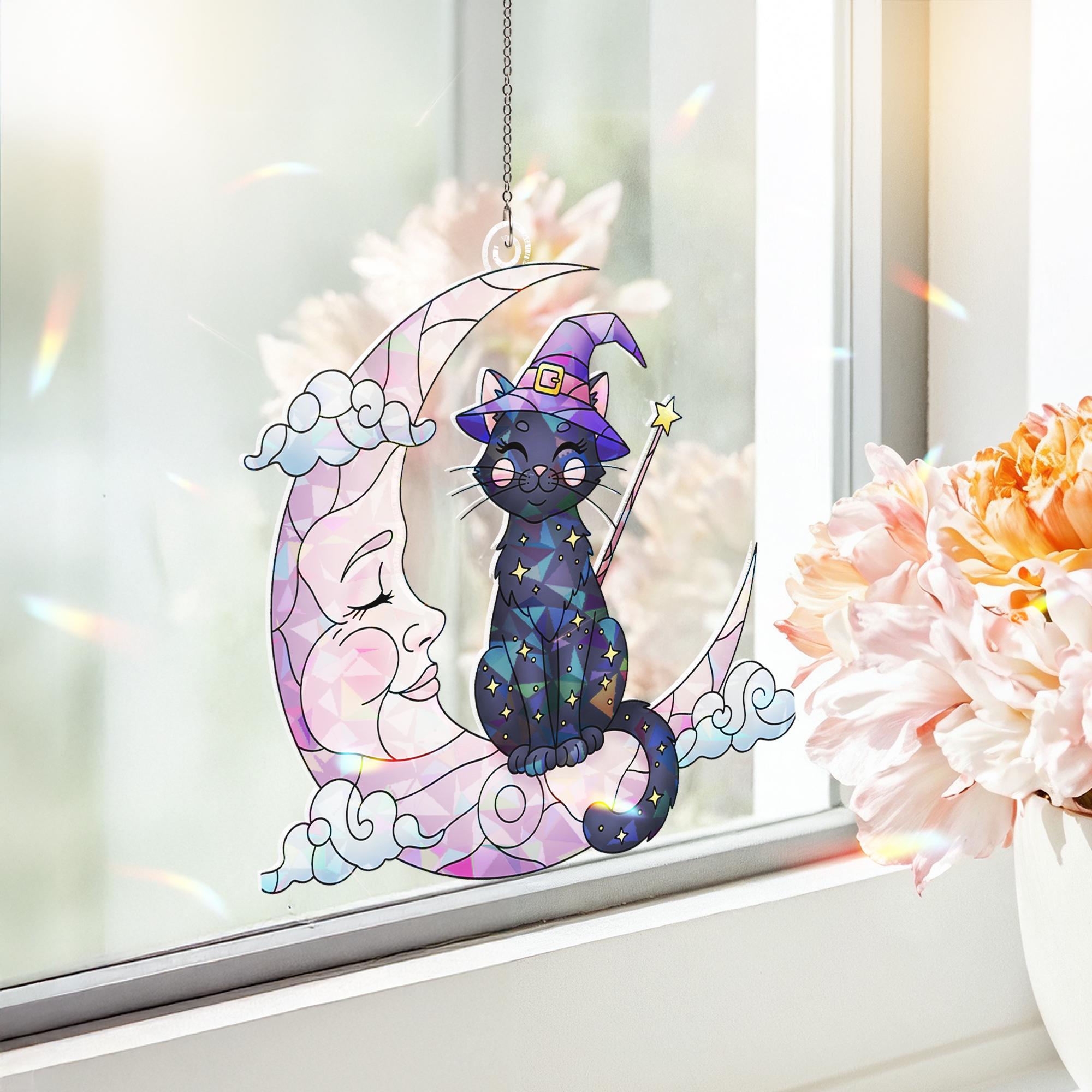 Witch Cat on Moon Suncatcher, Stained Glass Wall Hanging, Kawaii Cat Window Decor, Witchy Decor