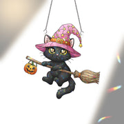 Black Cat Witch Suncatcher, Kawaii Halloween Decor, Stained Glass Wall Hanging, Cat Lover Gift