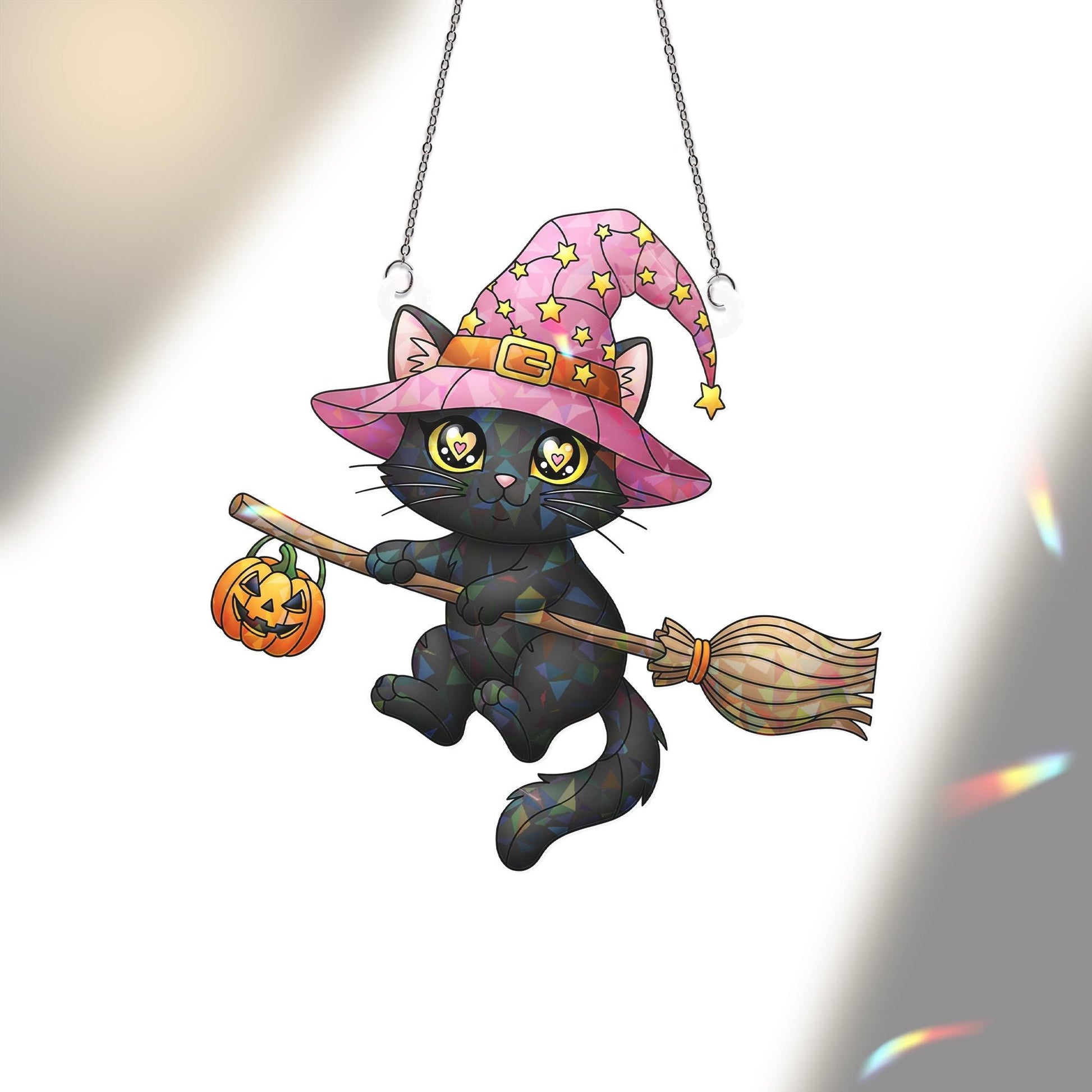 Black Cat Witch Suncatcher, Kawaii Halloween Decor, Stained Glass Wall Hanging, Cat Lover Gift