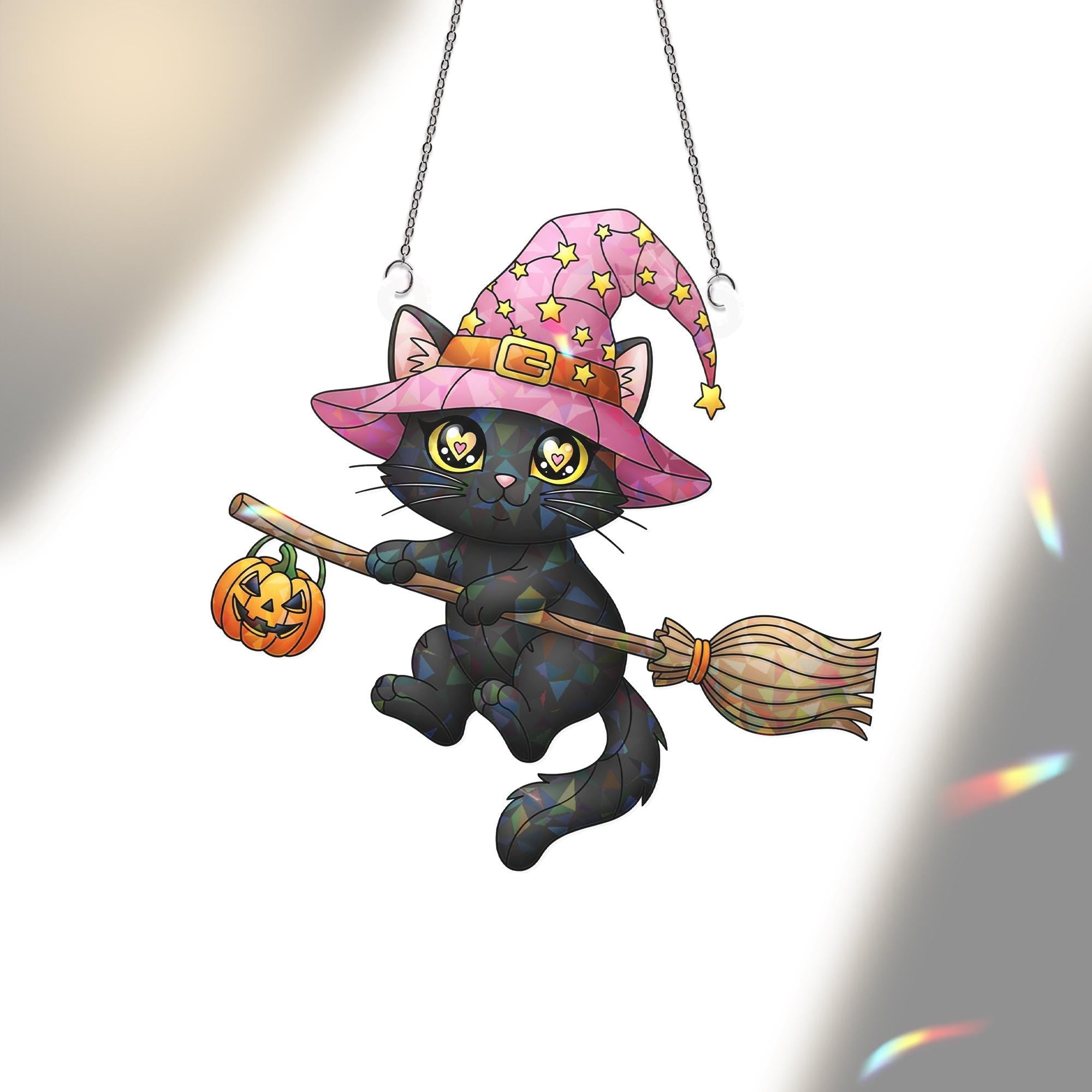Black Cat Witch Suncatcher, Kawaii Halloween Decor, Stained Glass Wall Hanging, Cat Lover Gift